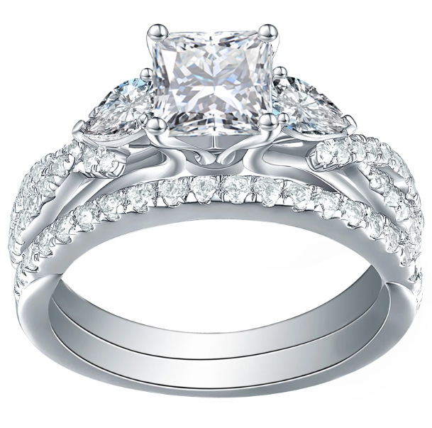 Newshe 1.7ct Princess Pear Wedding Rings for Women White AAAAA Cz Engagement Bridal Ring Set