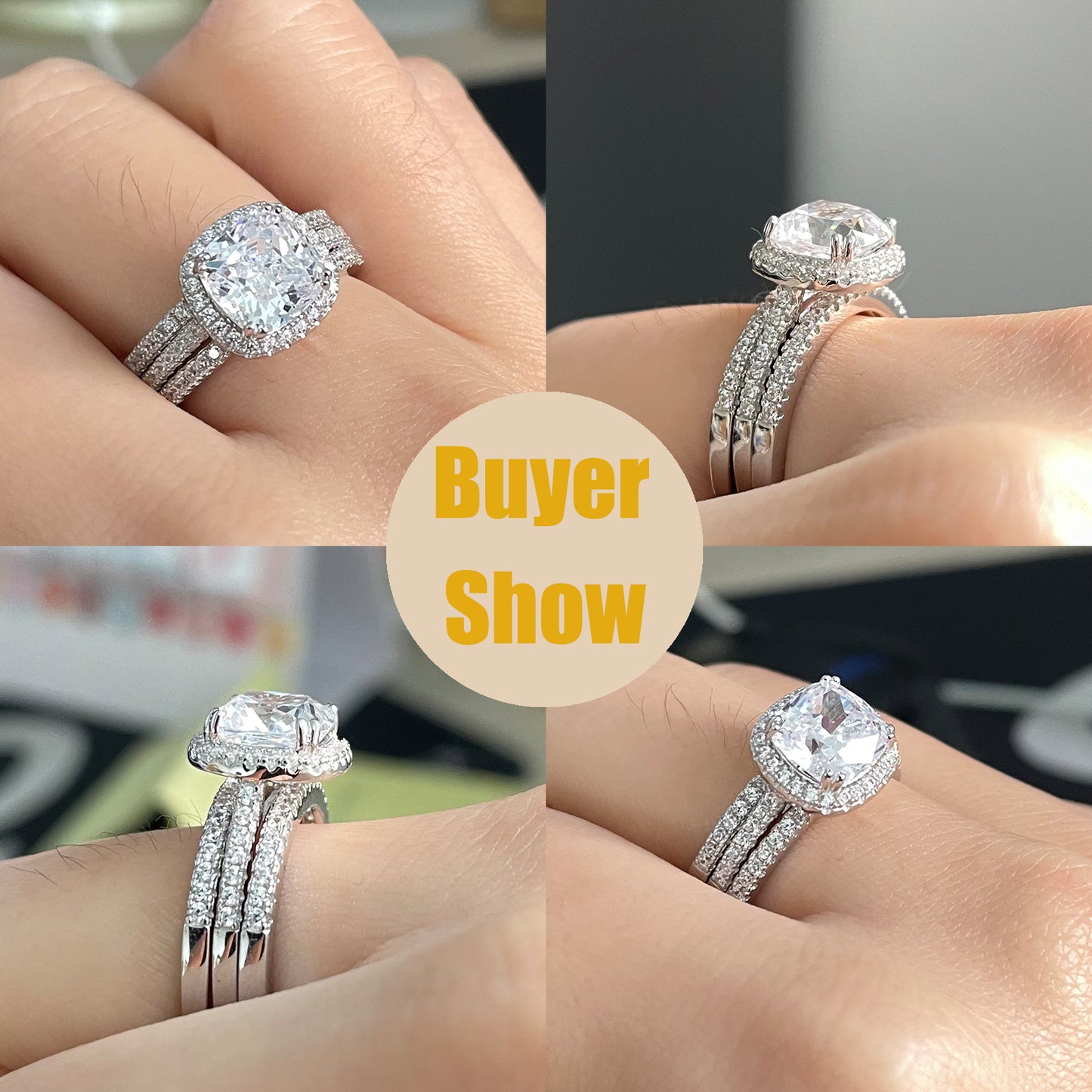 Newshe 2.66CT Wedding Engagement Rings Set for Women 925 Sterling Silver Cushion Halo CZ Wedding Bands Promise Bridal Ring Enhancer for her Size 5-10