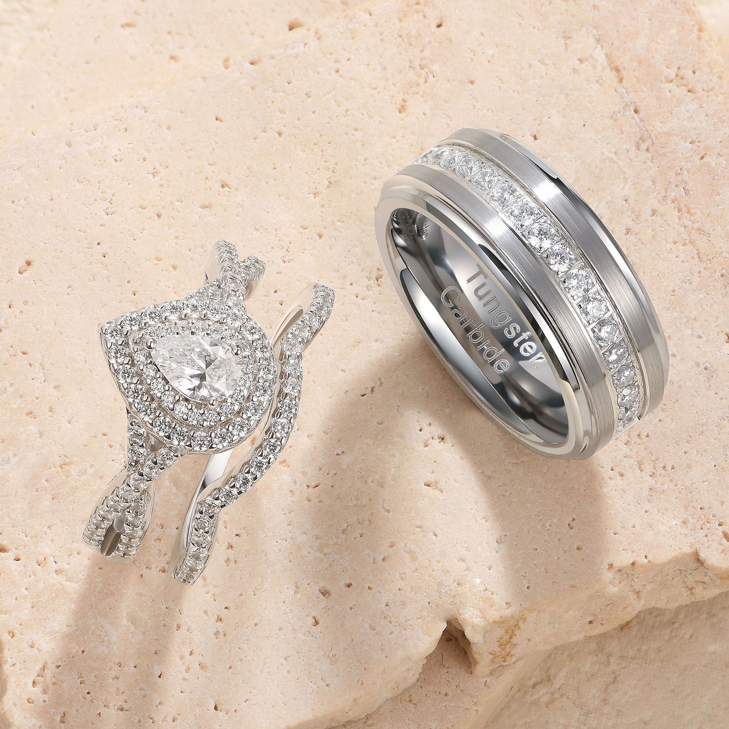 Newshe Jewellery Wedding Rings Set for His and Her Women Mens Tungsten Wedding Bands Pear 925 Sterling Silver Cz