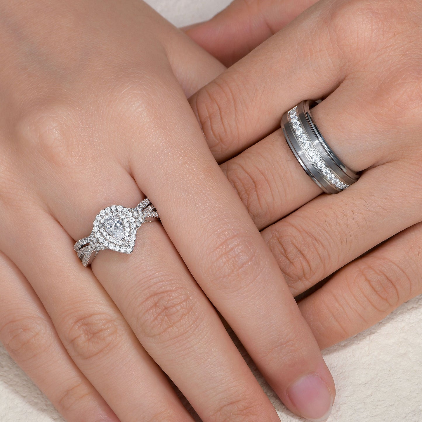 Newshe Jewellery Wedding Rings Set for His and Her Women Mens Tungsten Wedding Bands Pear 925 Sterling Silver Cz