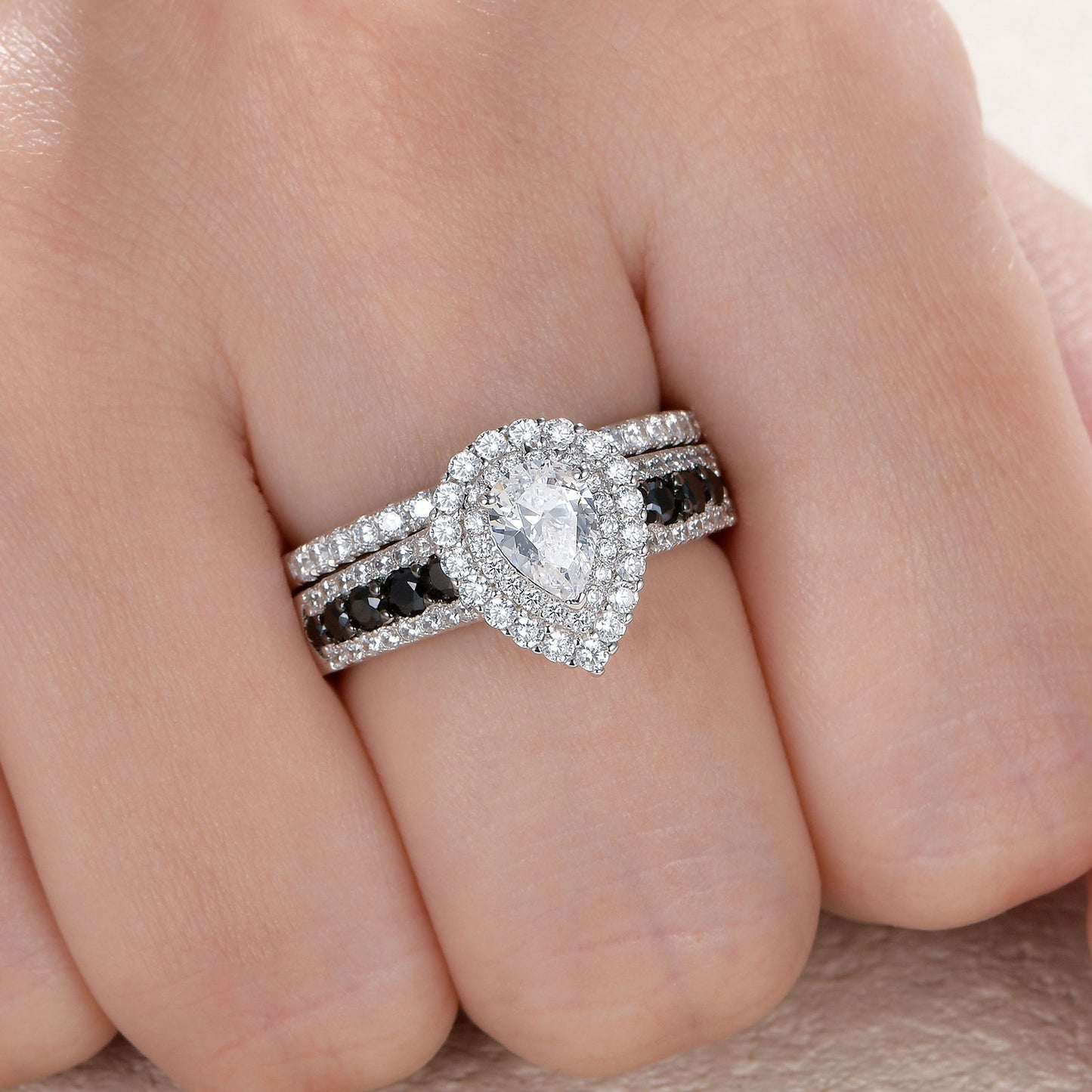 Newshe Jewellery Wedding Rings for Women AAAAA Wedding Rings Set Black and White 925 Sterling Silver Pear Cz Size 5-10