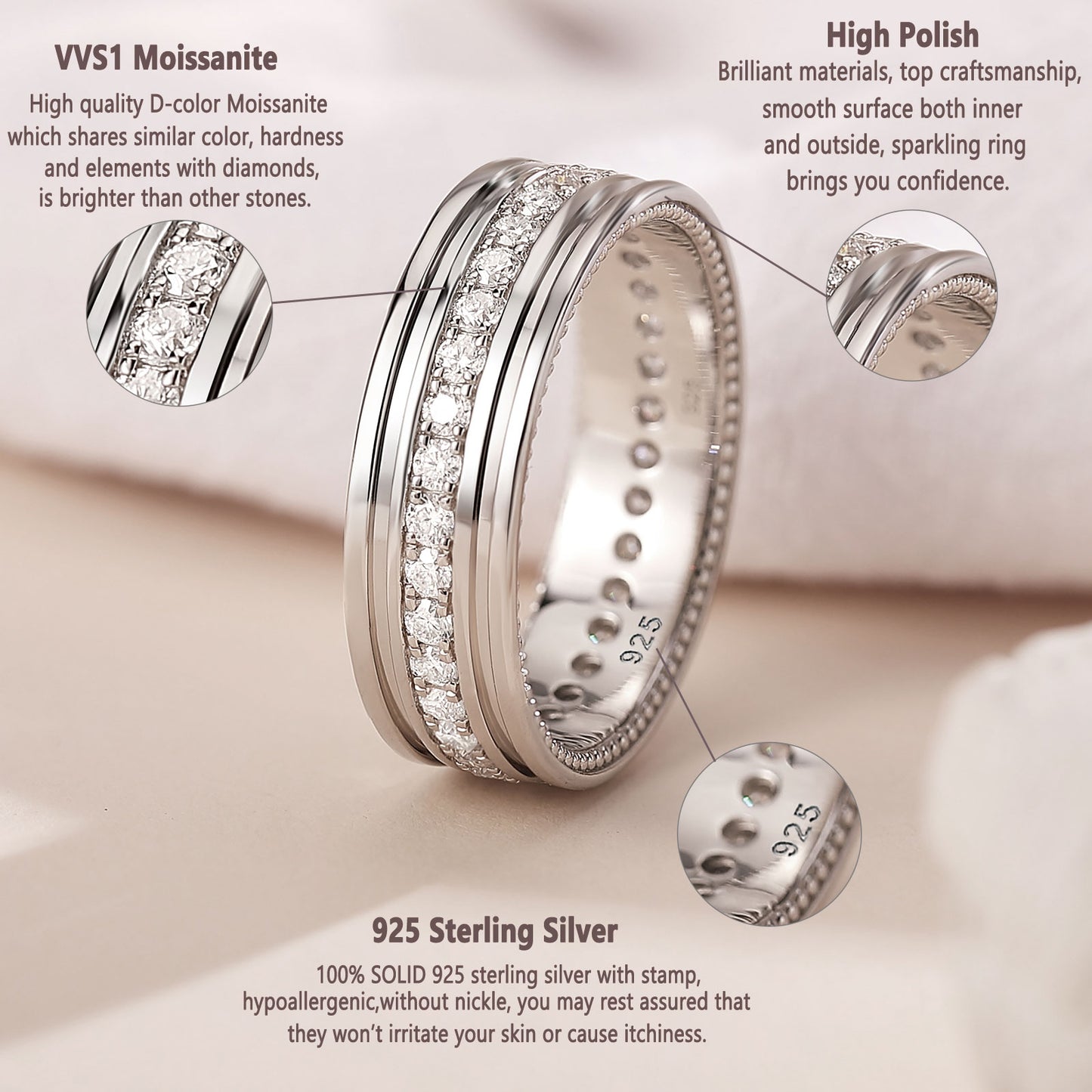 Newshe Jewellery Moissanite Mens Wedding Bands 925 Sterling Silver Promise Rings for Him Pave Round Cut