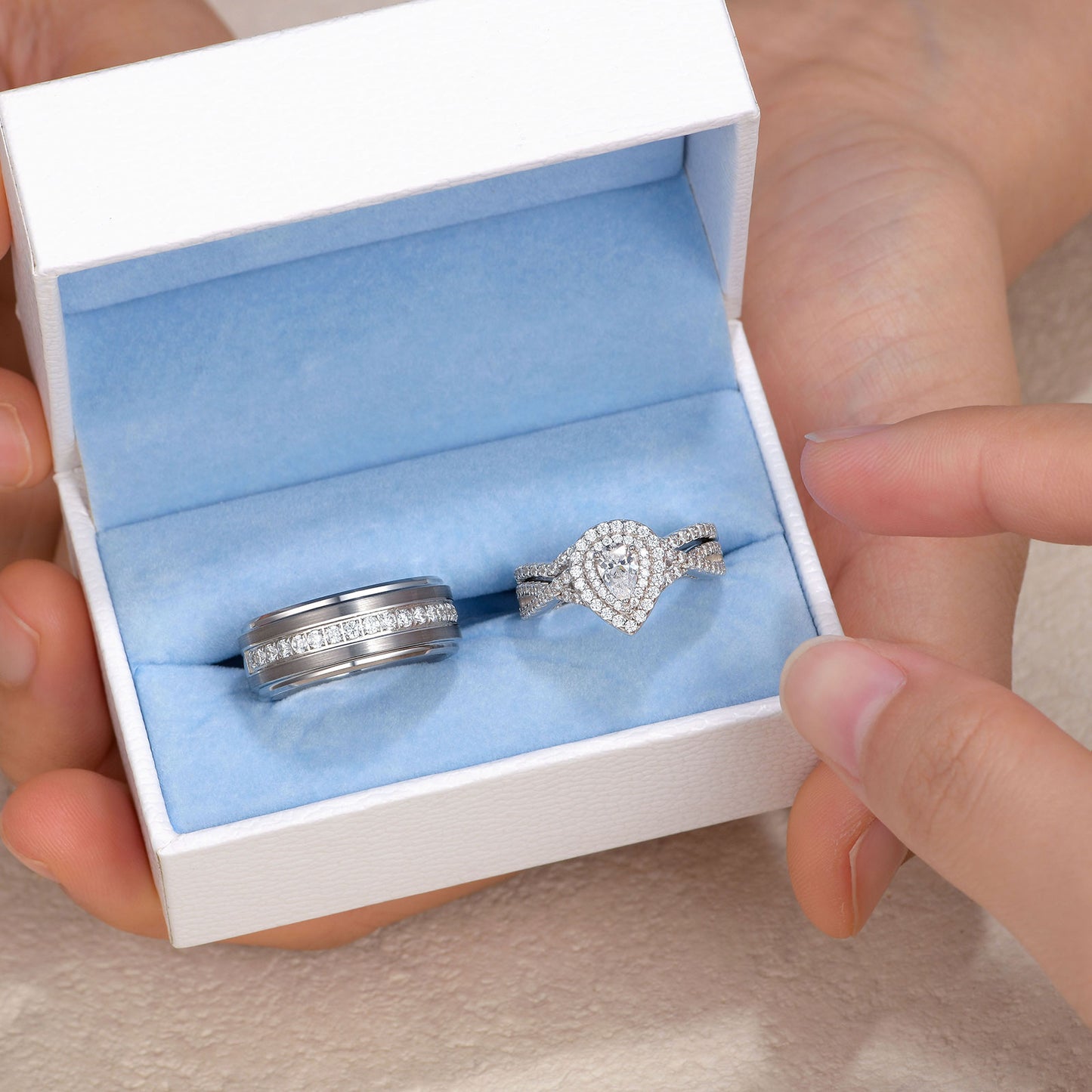 Newshe Jewellery Wedding Rings Set for His and Her Women Mens Tungsten Wedding Bands Pear 925 Sterling Silver Cz