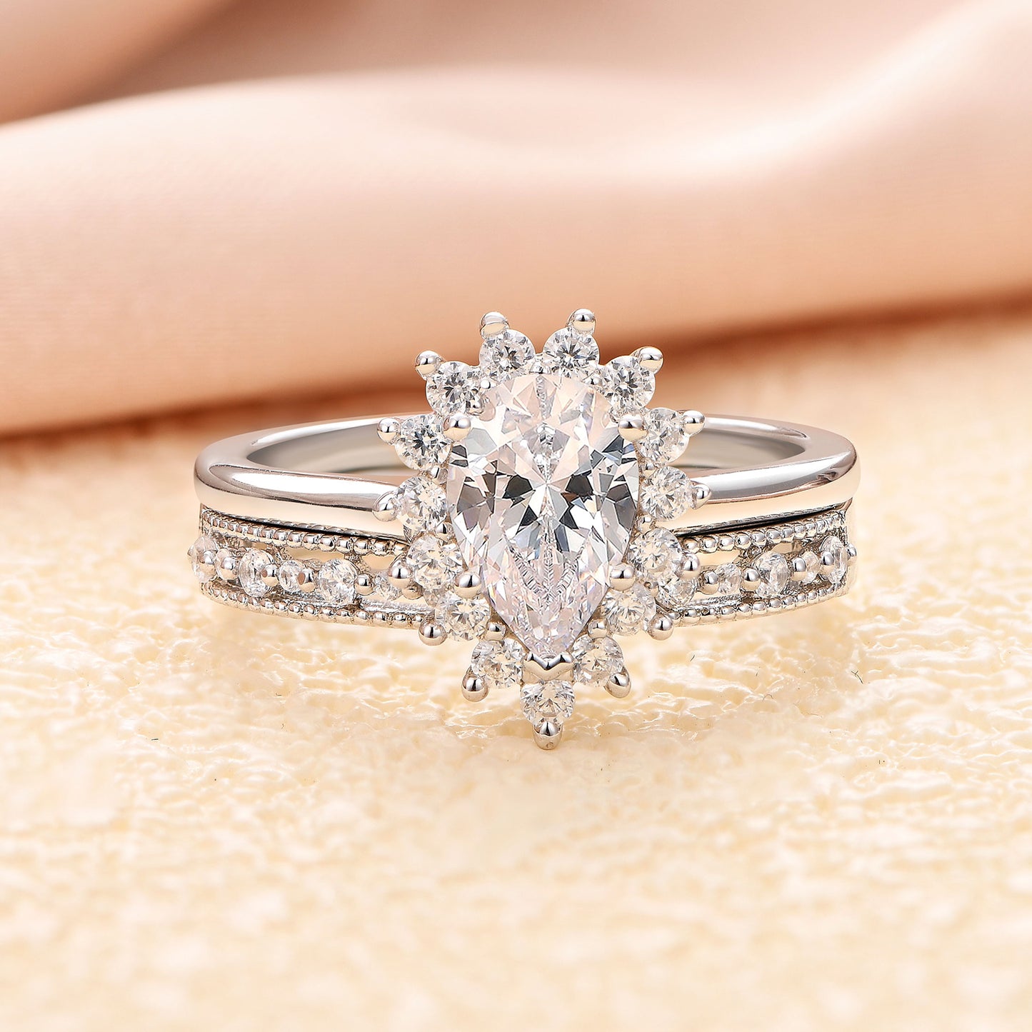 Newshe Jewellery Wedding Ring Set Wedding Band Engagement Ring Set for Women 925 Sterling Silver 2Ct Pear AAAAA Cz Size 5-10