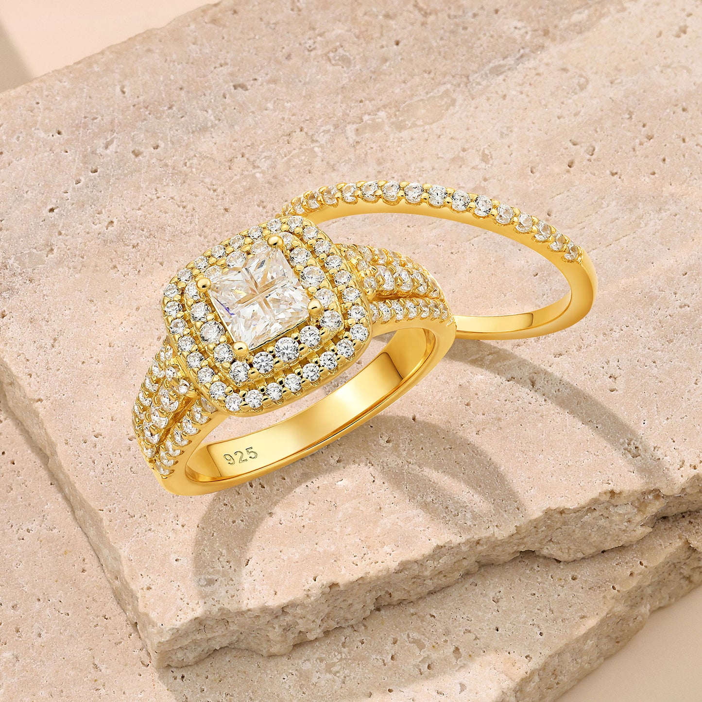 Newshe Jewellery Wedding Rings for Women Princess Engagement Ring Sets 925 Sterling Silver 1.7Ct Cross Yellow Gold Cz Size 5-10
