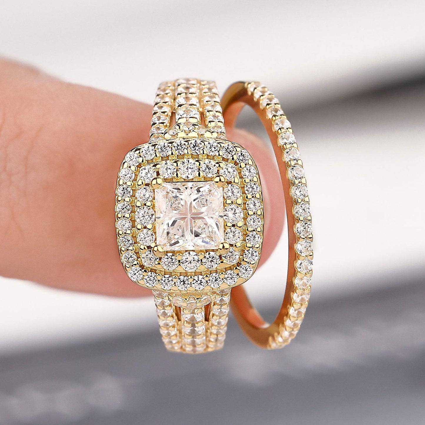 Newshe Jewellery Wedding Rings for Women Princess Engagement Ring Sets 925 Sterling Silver 1.7Ct Cross Yellow Gold Cz Size 5-10