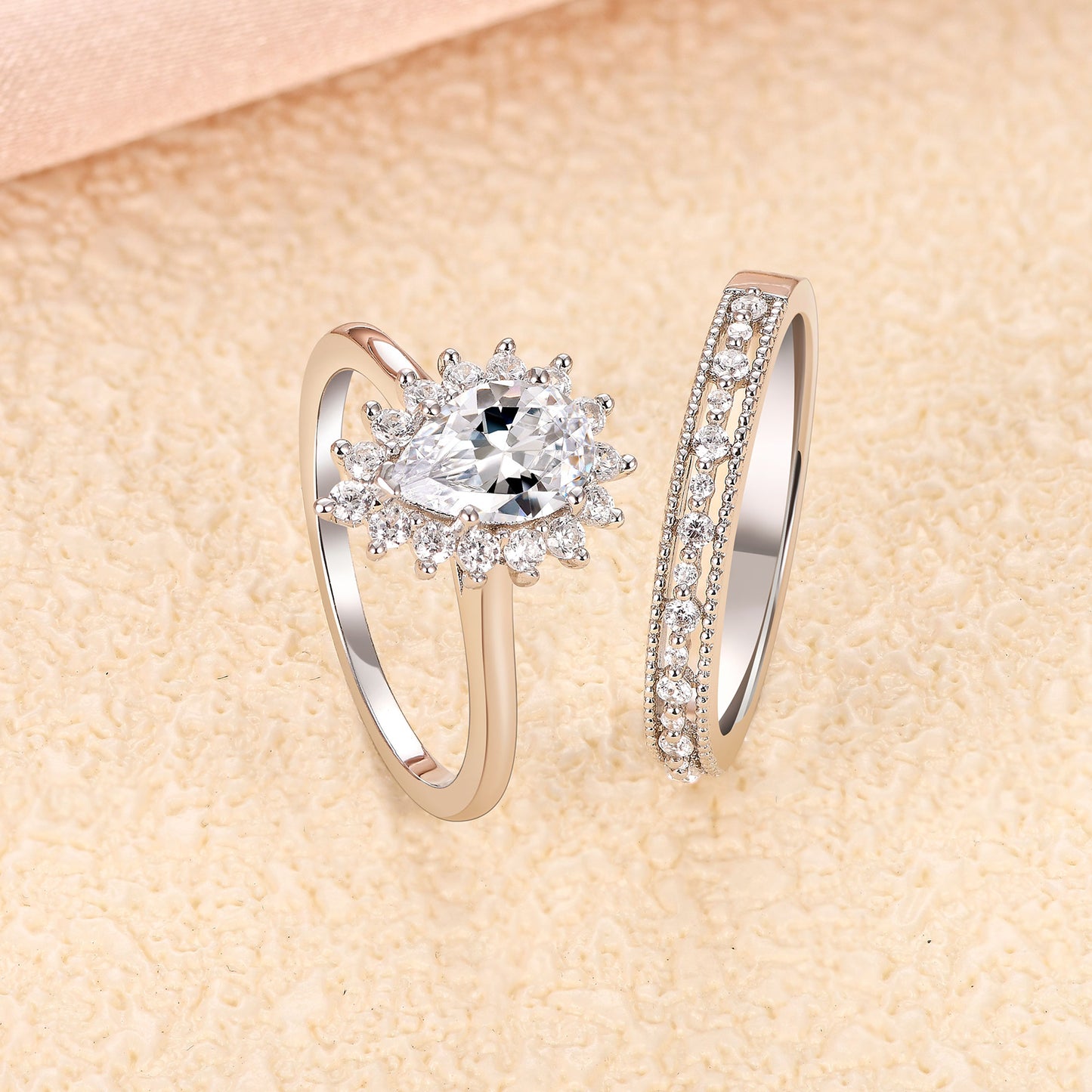 Newshe Jewellery Wedding Ring Set Wedding Band Engagement Ring Set for Women 925 Sterling Silver 2Ct Pear AAAAA Cz Size 5-10