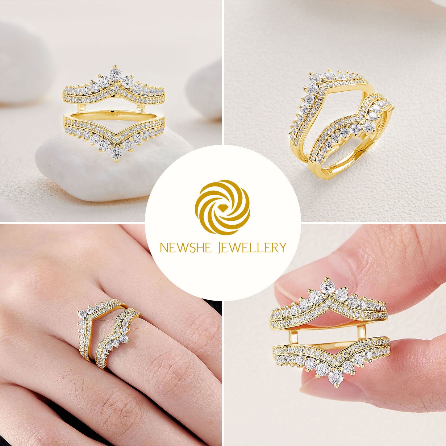 Newshe Cubic Zirconia Wedding Bands for Women Crown Double Ring Enhancer for Engagement Rings 925 Sterling Silver Size 5-10