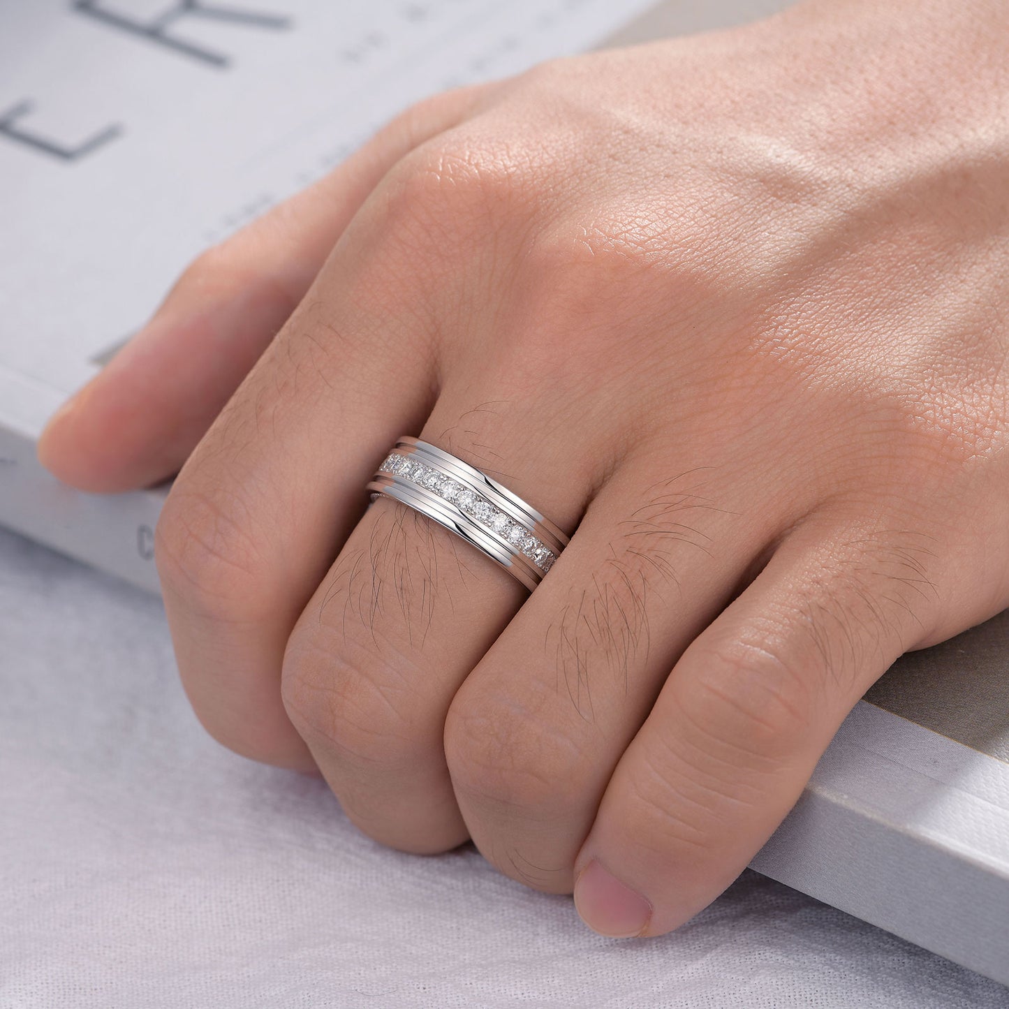 Newshe Jewellery Moissanite Mens Wedding Bands 925 Sterling Silver Promise Rings for Him Pave Round Cut