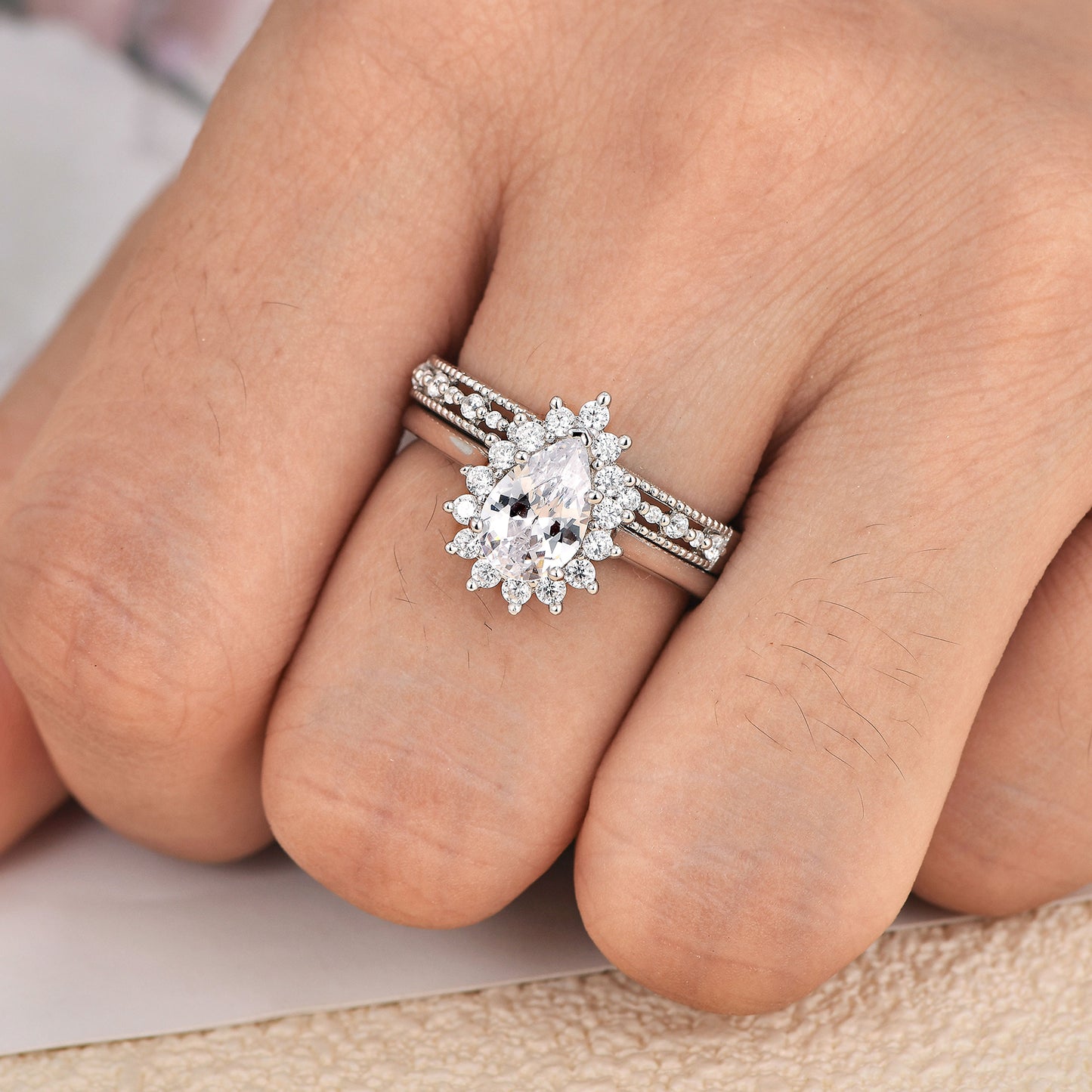 Newshe Jewellery Wedding Ring Set Wedding Band Engagement Ring Set for Women 925 Sterling Silver 2Ct Pear AAAAA Cz Size 5-10