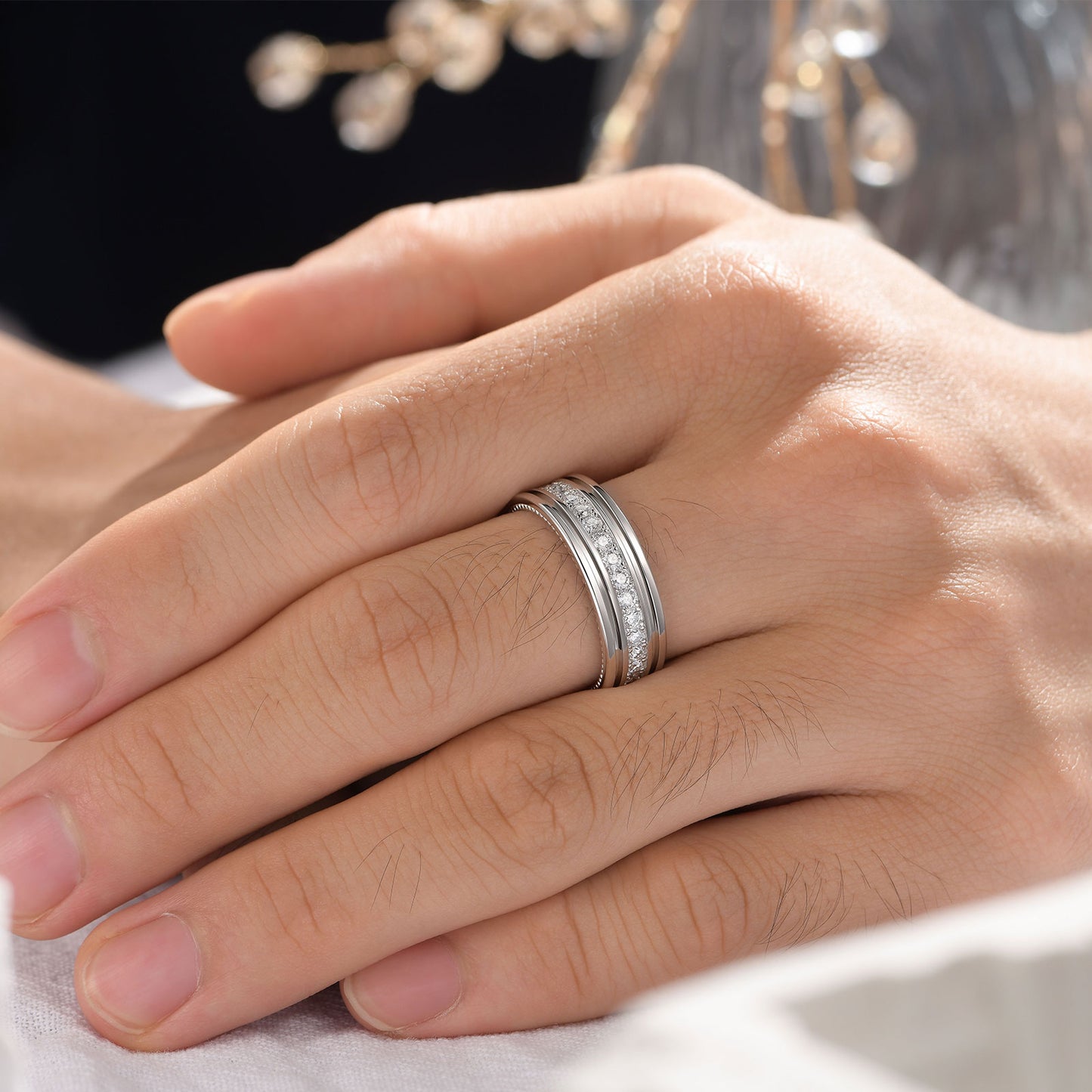 Newshe Jewellery Moissanite Mens Wedding Bands 925 Sterling Silver Promise Rings for Him Pave Round Cut