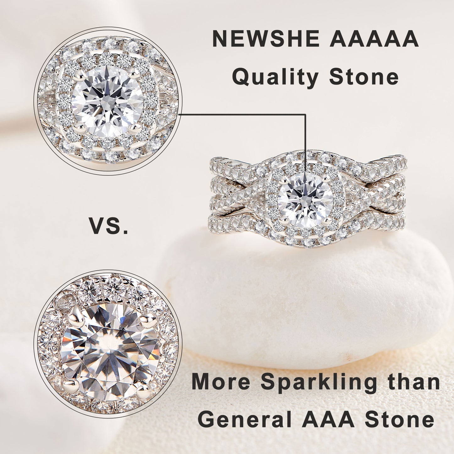 Newshe Engagement Wedding Ring Setss for Women 925 Sterling Silver 3pcs Round White AAAAA Cz Size 5-10