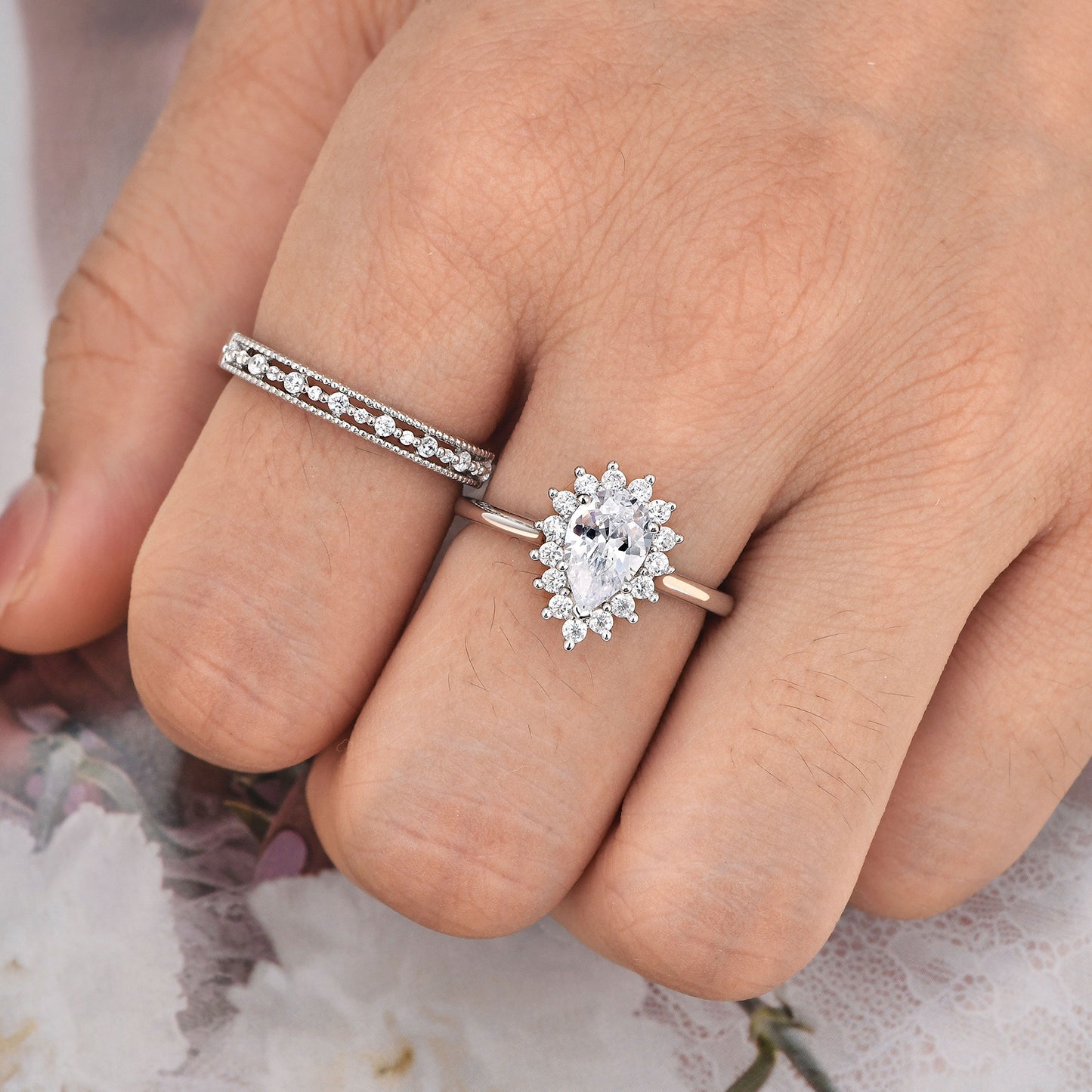 Newshe Jewellery Wedding Ring Set Wedding Band Engagement Ring Set for Women 925 Sterling Silver 2Ct Pear AAAAA Cz Size 5-10