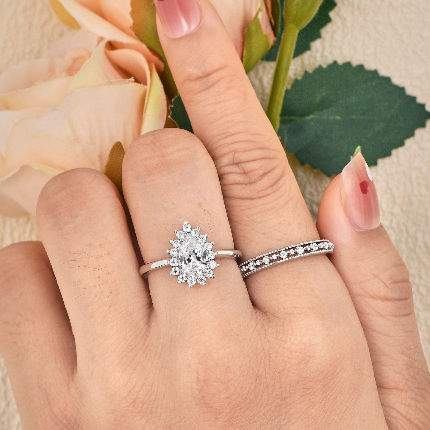 Newshe Jewellery Wedding Ring Set Wedding Band Engagement Ring Set for Women 925 Sterling Silver 2Ct Pear AAAAA Cz Size 5-10