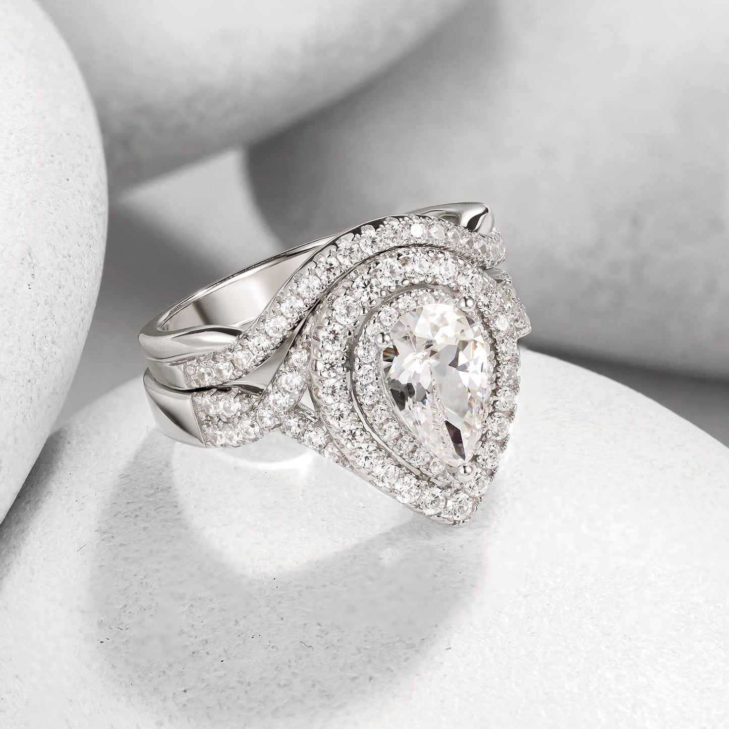 Newshe Wedding Rings for Women 925 Sterling Silver Engagement Band 2Ct Pear Shaped 5A Cz Bridal Set Size 5-10