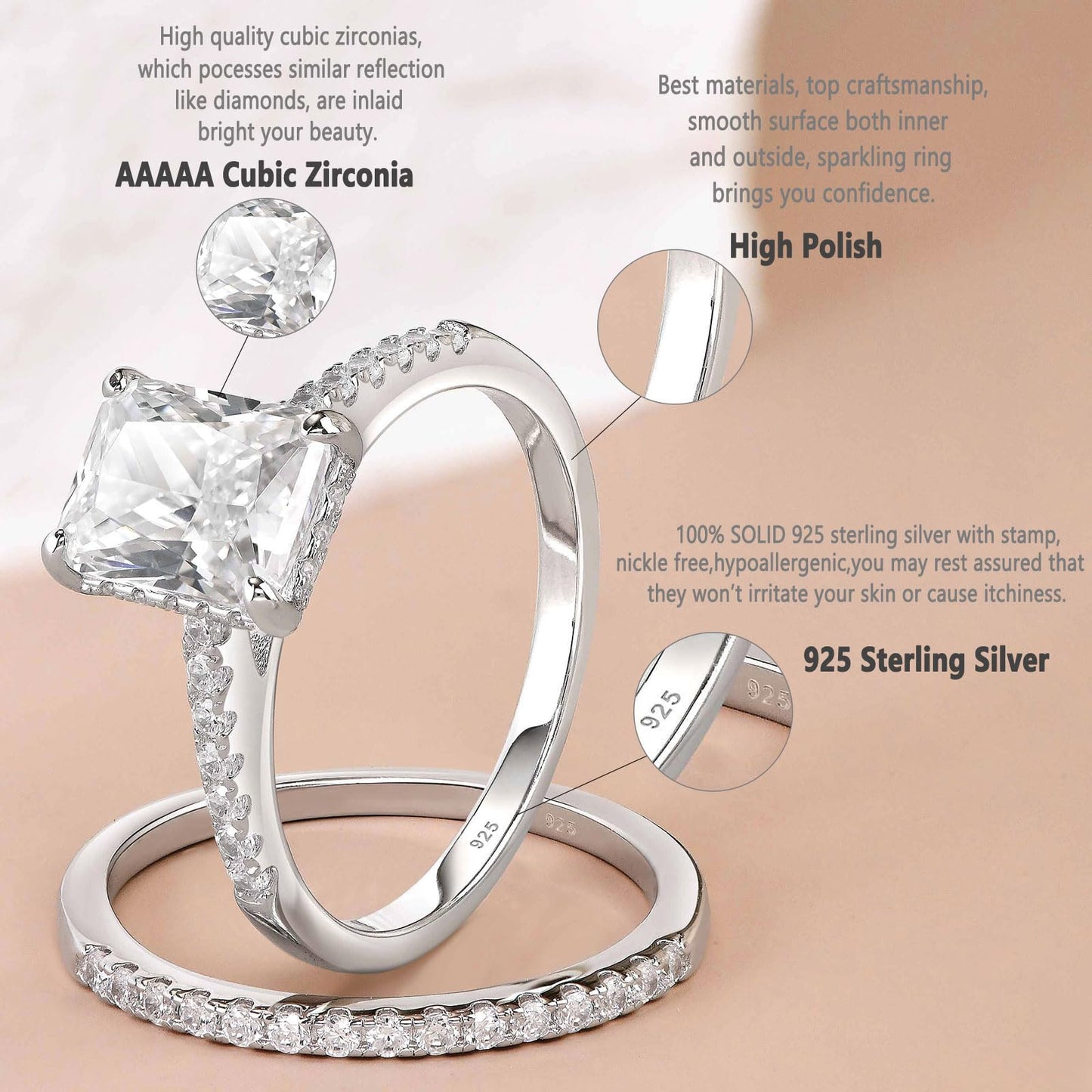 Newshe Jewellery 3.5Ct Wedding Sets for Women AAAAA Cz 925 Sterling Silver Engagement Rings Bridal Band Size 5-10