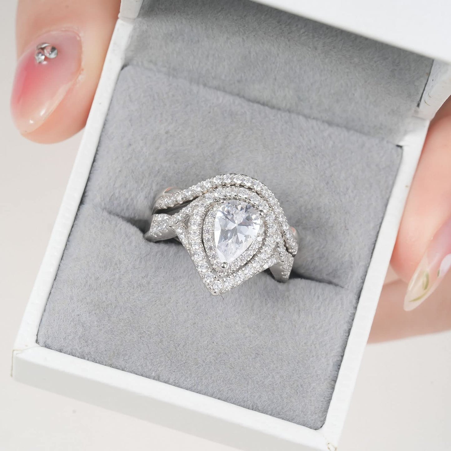 Newshe Wedding Rings for Women 925 Sterling Silver Engagement Band 2Ct Pear Shaped 5A Cz Bridal Set Size 5-10