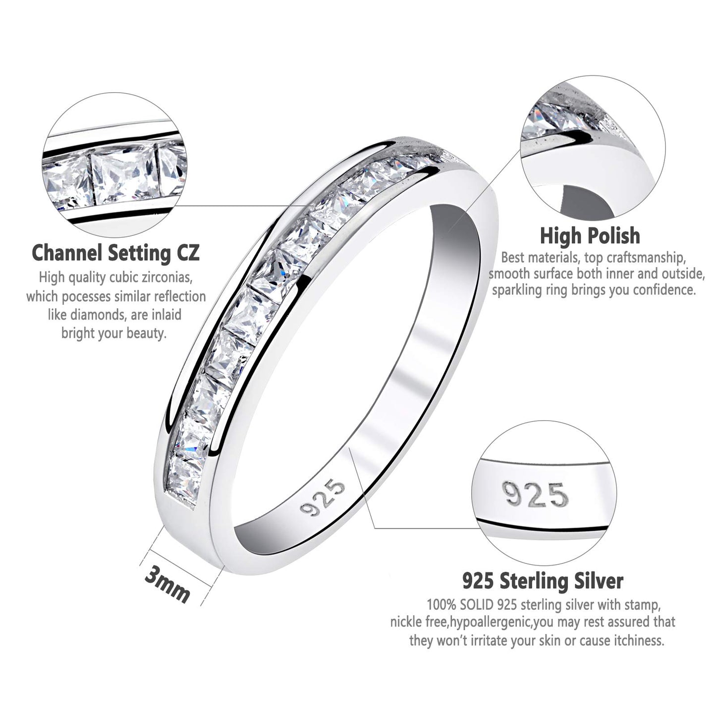 Newshe Wedding Bands Eternity Rings for Women Cubic Zirconia Princess 925 Sterling Silver Size 4-13