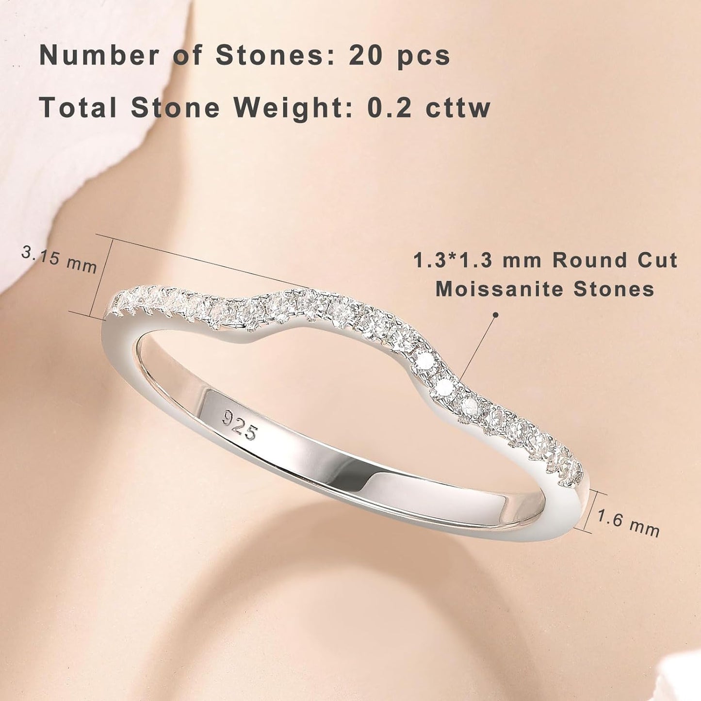 Newshe Jewellery Moissanite Wedding Band 925 Sterling Silver Eternity Rings for Women Stackable Curved Engagement Bridal Gift Size 5-10