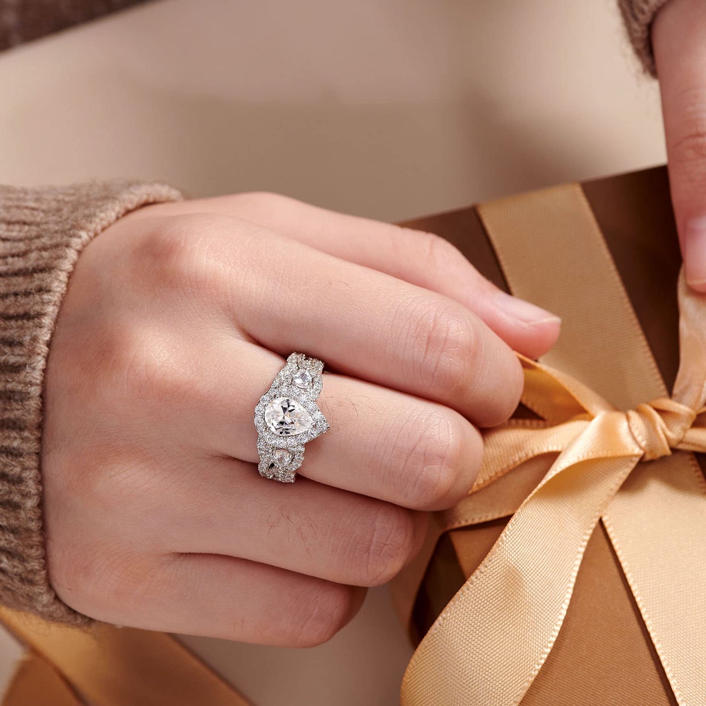 Newshe Engagement Wedding Ring Set For Women 925 Sterling Silver 2.5ct Pear Shape White Cz Size 4-13