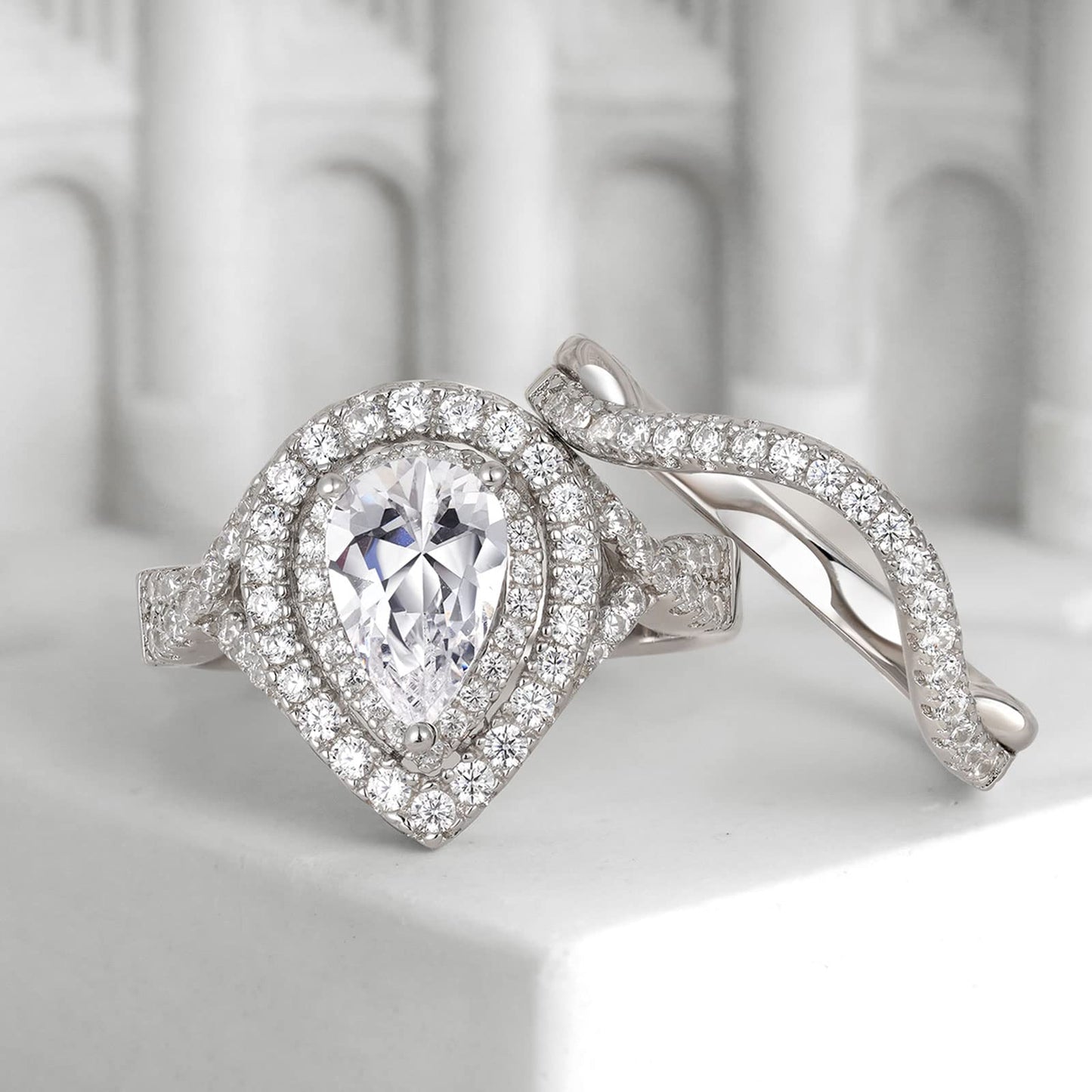 Newshe Wedding Rings for Women 925 Sterling Silver Engagement Band 2Ct Pear Shaped 5A Cz Bridal Set Size 5-10