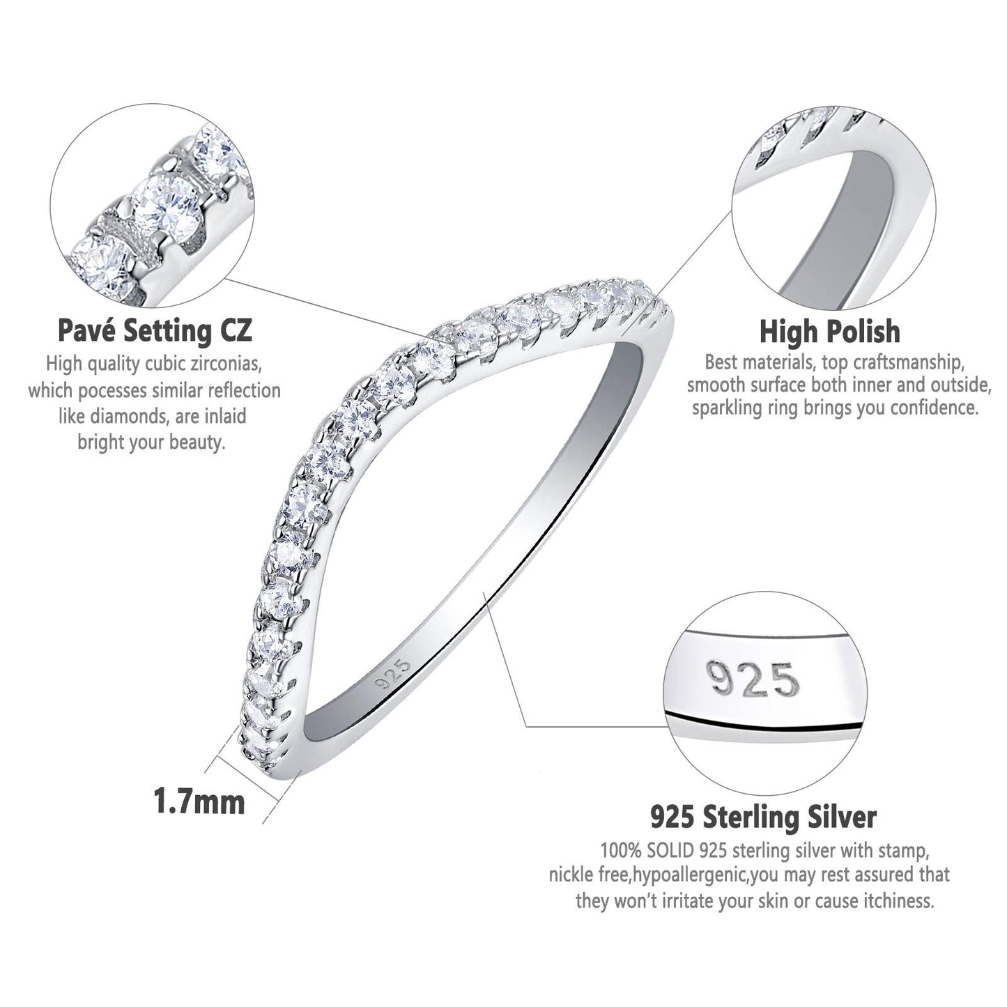 Newshe Curved Wedding Bands for Women Stacking Sterling Silver Eternity Rings Cz Wishbone Size 3-13