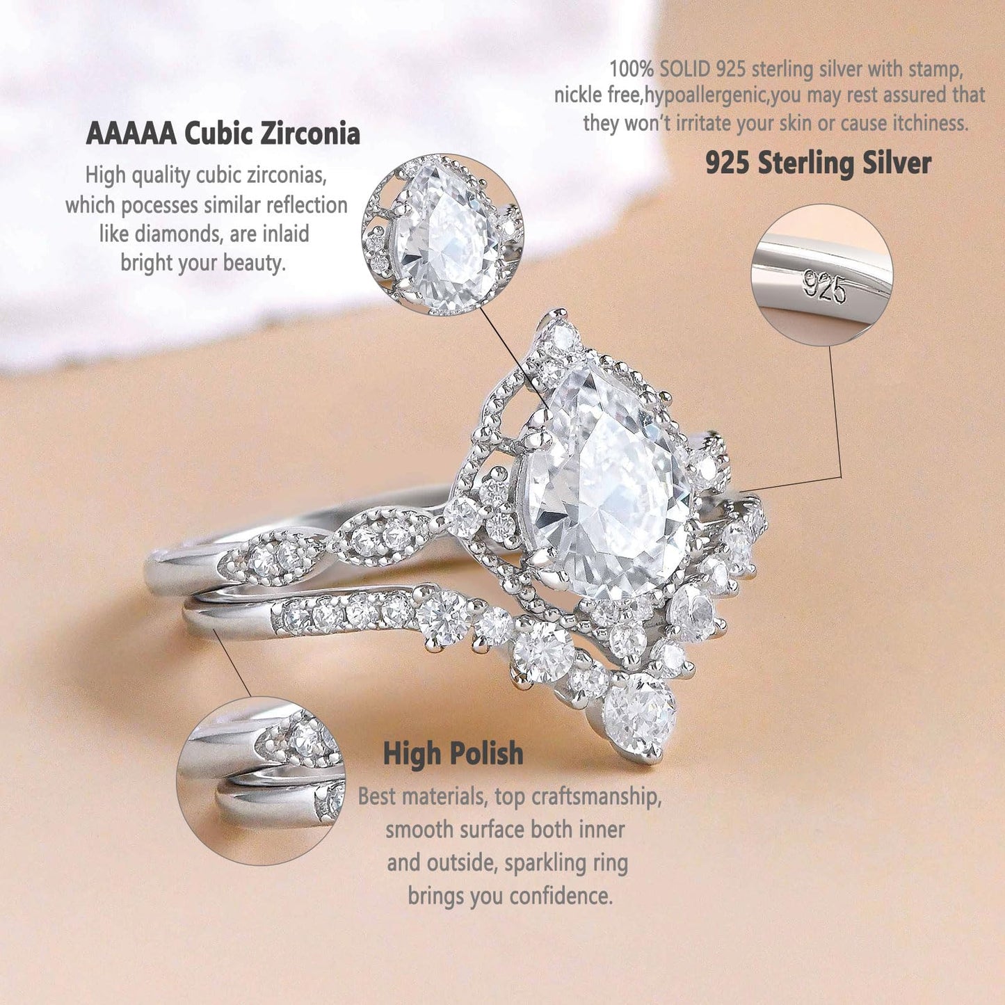 Newshe Jewellery Wedding Rings AAAAA Cz Women's Bridal Rings Sets 925 Sterling Silver Pear Shaped Engagement Ring Size 5-10