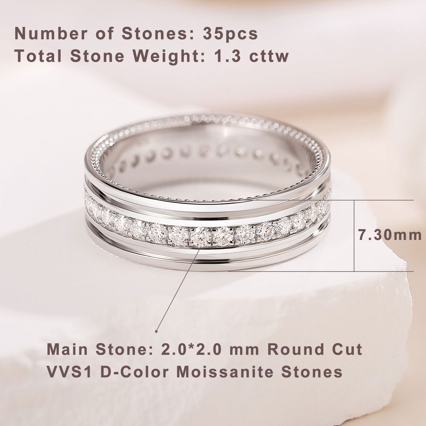 Newshe Jewellery Moissanite Mens Wedding Bands 925 Sterling Silver Promise Rings for Him Pave Round Cut