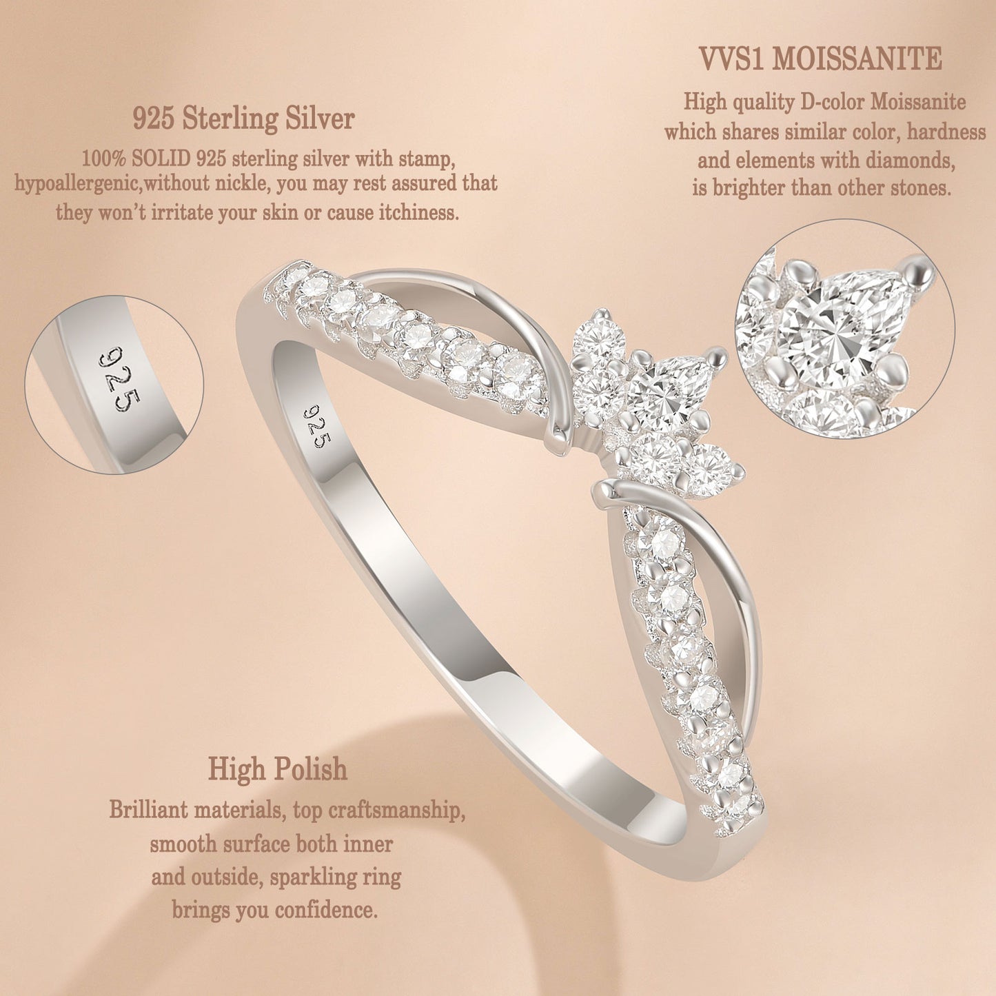 Newshe Jewellery D Color VVS1 Moissanite Curved Wedding Bands for Women Stacking Eternity Rings Crown Pear Round Anniversary Size 5-10