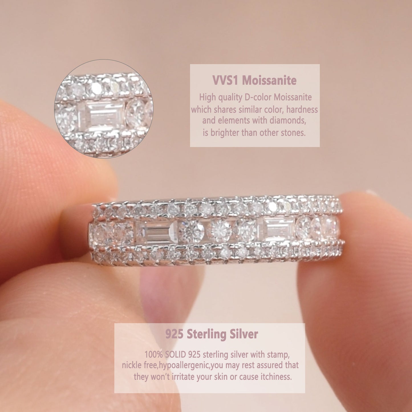 Newshe Jewellery Moissanite Rings for Women 925 Sterling Silver Wedding Bands Pave Emerald Eternity Band Ring Size 5-10