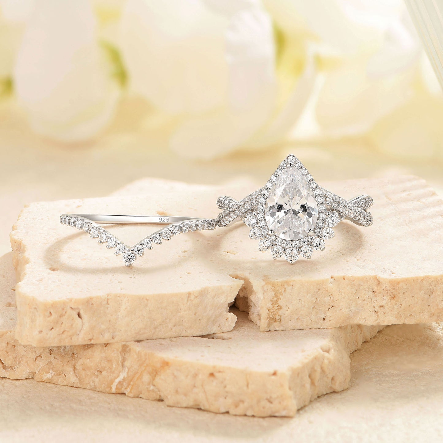 Newshe Jewellery Pear Cut Wedding Ring Set with Curved Band Wedding Rings for Women Sterling Silver AAAAA Cz Size 5-10