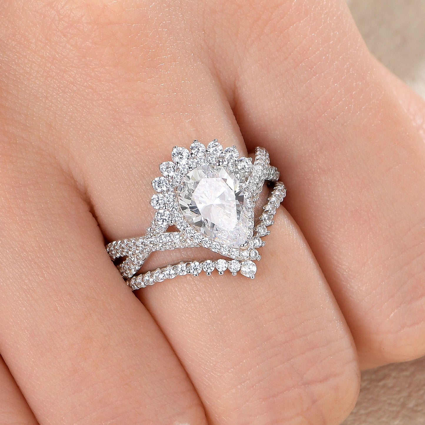 Newshe Jewellery Pear Cut Wedding Ring Set with Curved Band Wedding Rings for Women Sterling Silver AAAAA Cz Size 5-10