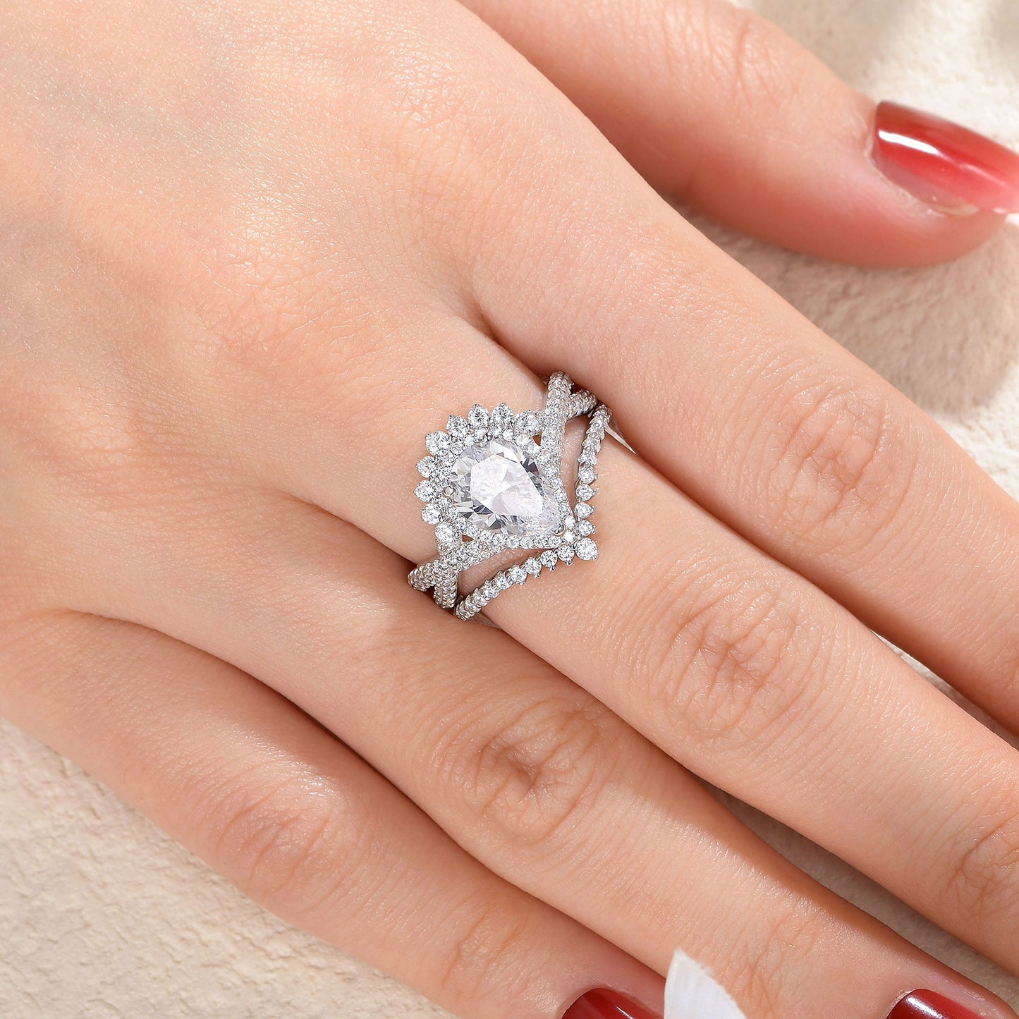Newshe Jewellery Pear Cut Wedding Ring Set with Curved Band Wedding Rings for Women Sterling Silver AAAAA Cz Size 5-10