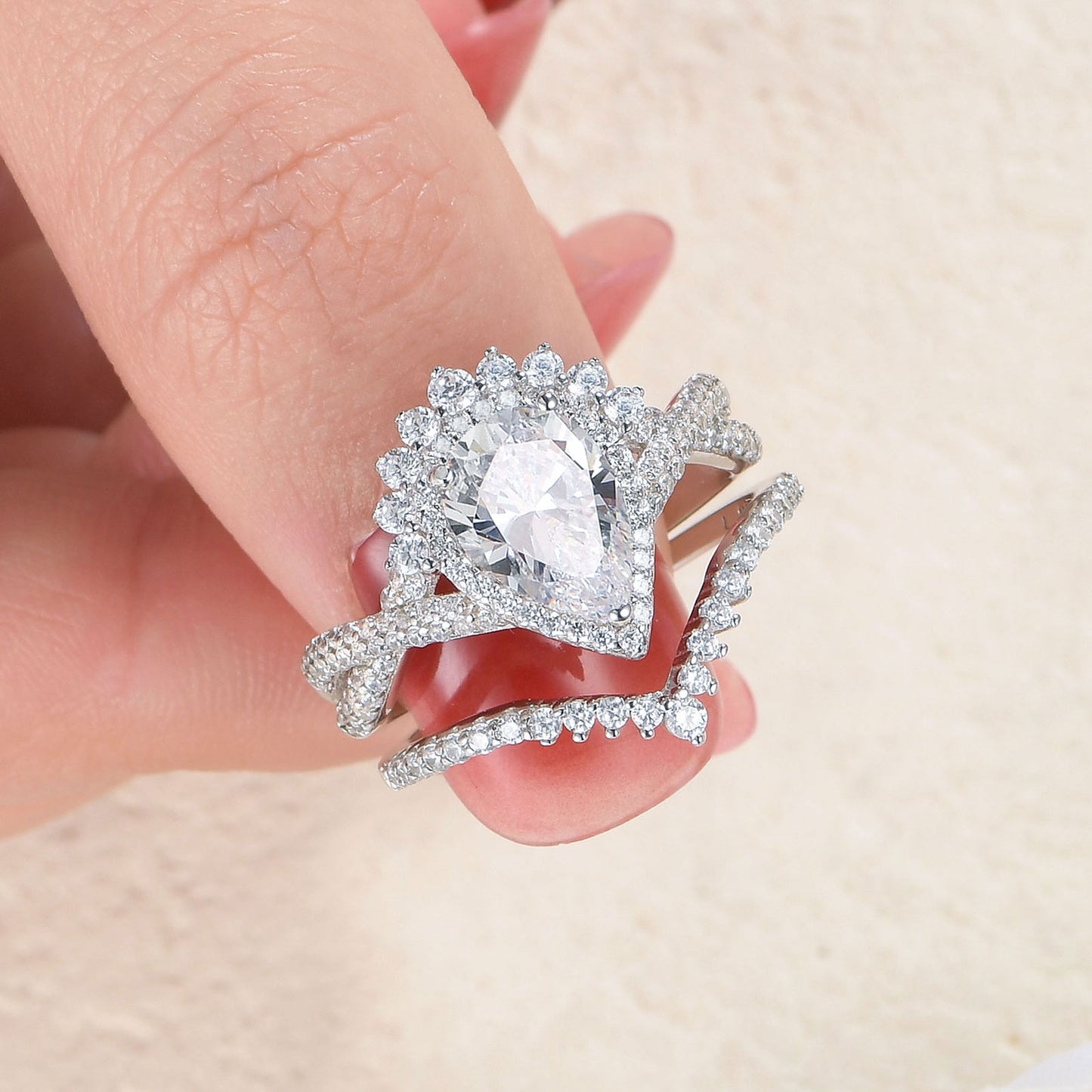 Newshe Jewellery Pear Cut Wedding Ring Set with Curved Band Wedding Rings for Women Sterling Silver AAAAA Cz Size 5-10