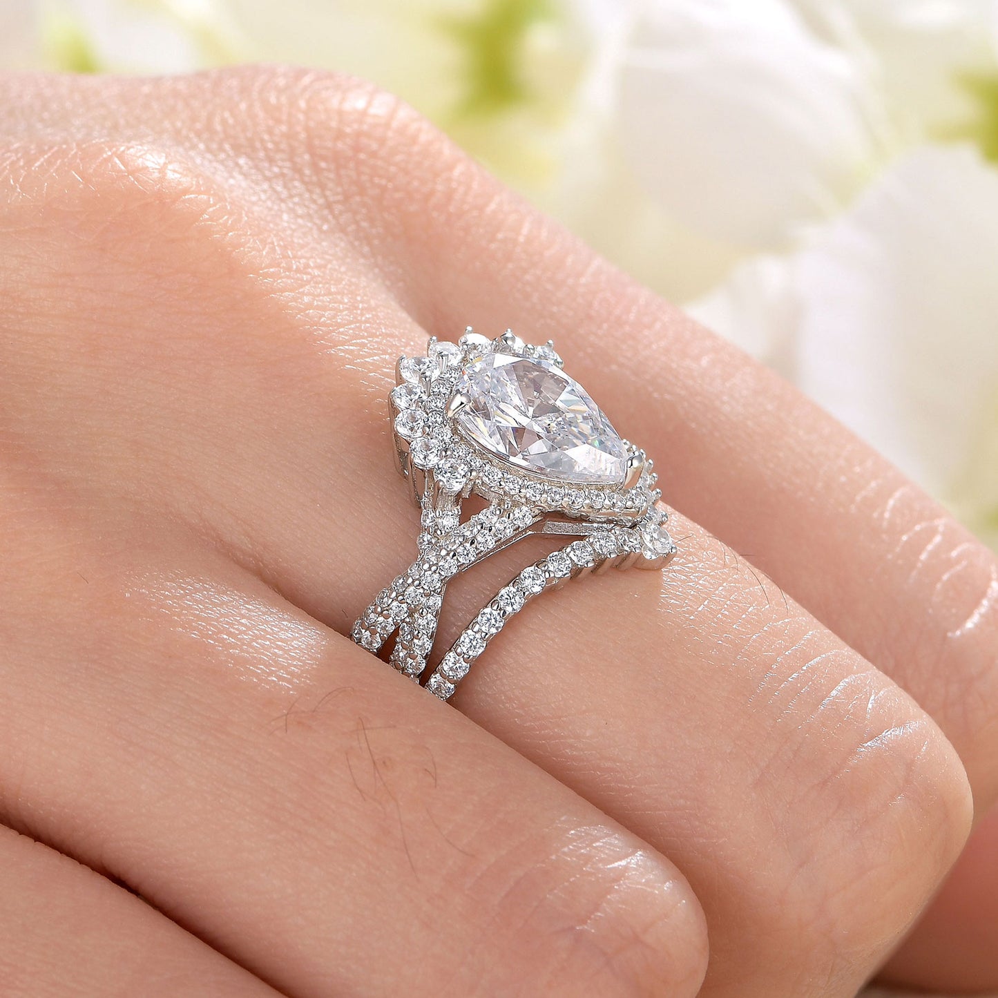 Newshe Jewellery Pear Cut Wedding Ring Set with Curved Band Wedding Rings for Women Sterling Silver AAAAA Cz Size 5-10