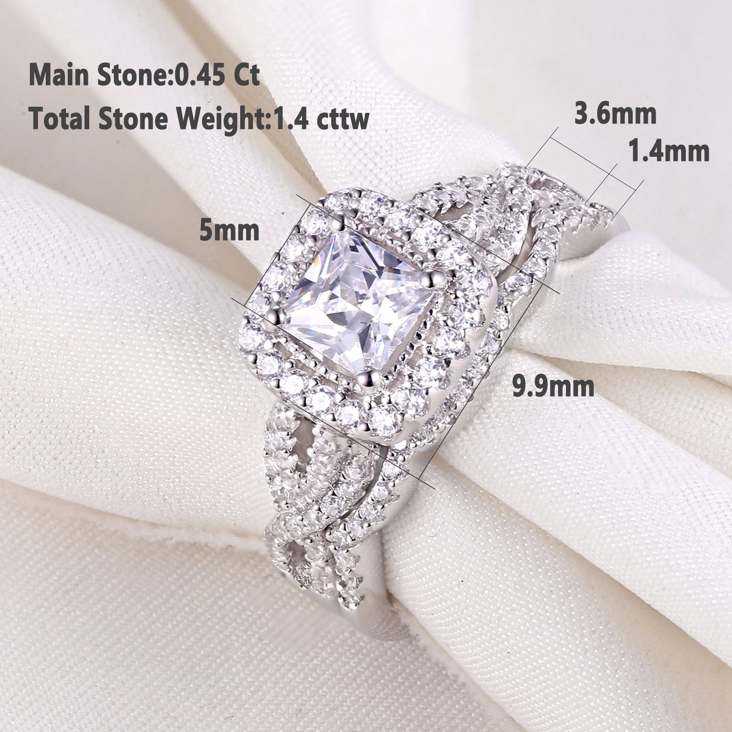 Newshe Princess Cut Engagement Ring Wedding Ring Set 925 Sterling Silver 1.4Ct White Cz Size 5-10
