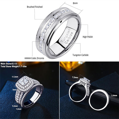 Newshe Wedding Rings Set for Him and Her Women Mens Tungsten Bands Princess Cz 2.3Ct Sterling Silver Size 7-13