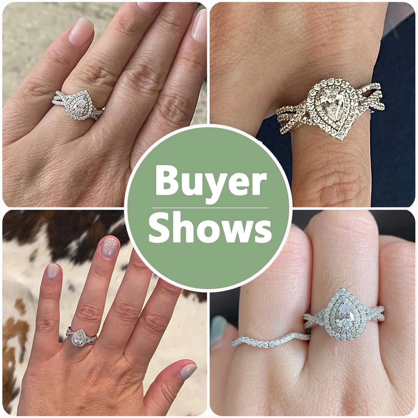 Newshe Wedding Rings for Women Engagement Ring Sets Sterling Silver Cz 1.7Ct Pear Size 4-13