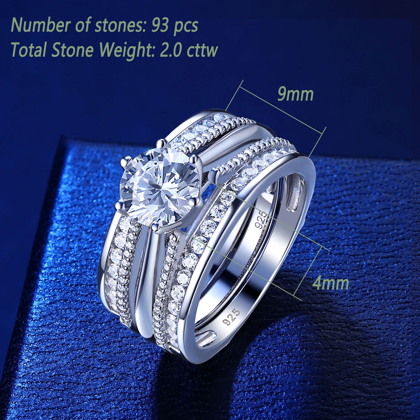 Newshe Jewellery Wedding Engagement Ring for Women 2CT AAAAA CZ Bridal Sets Wedding Band Ring Enhancer Round Cut 925 Sterling Silver Size 5-10