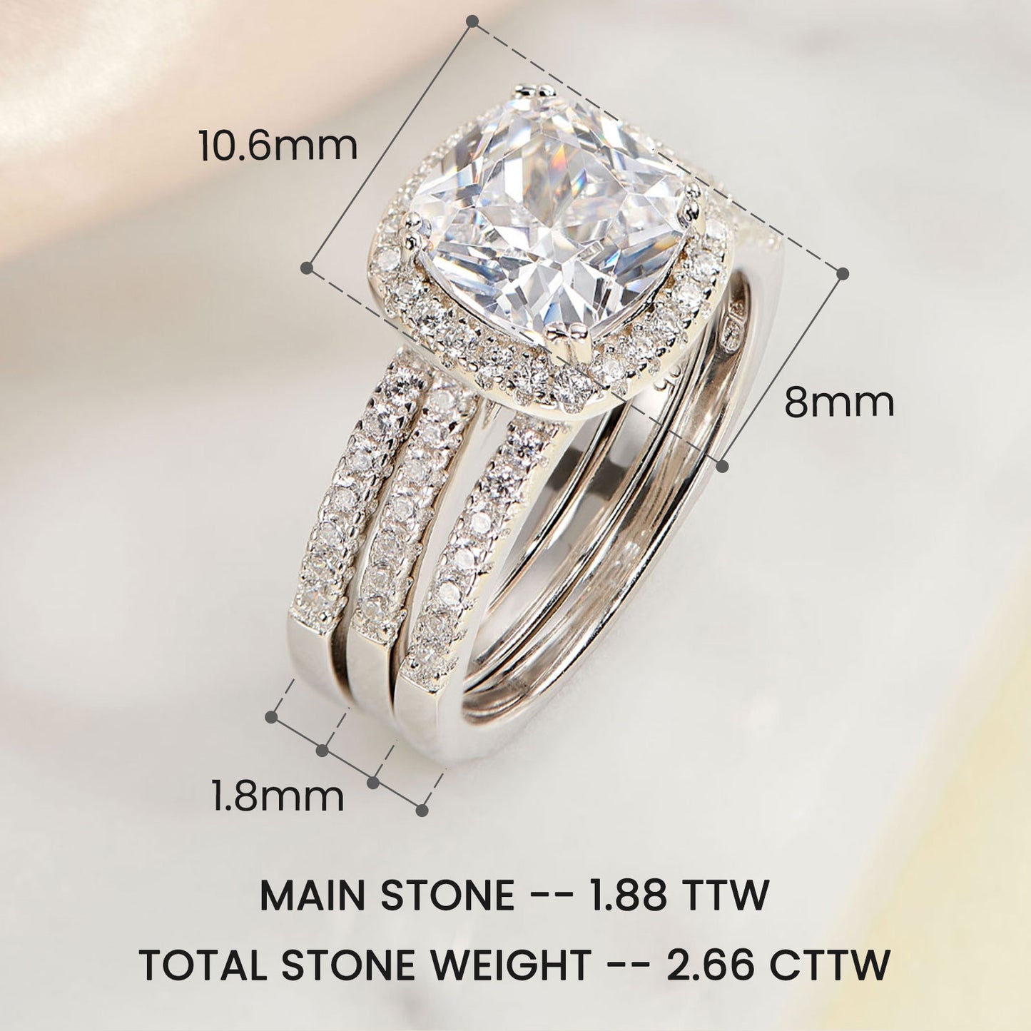 Newshe 2.66CT Wedding Engagement Rings Set for Women 925 Sterling Silver Cushion Halo CZ Wedding Bands Promise Bridal Ring Enhancer for her Size 5-10