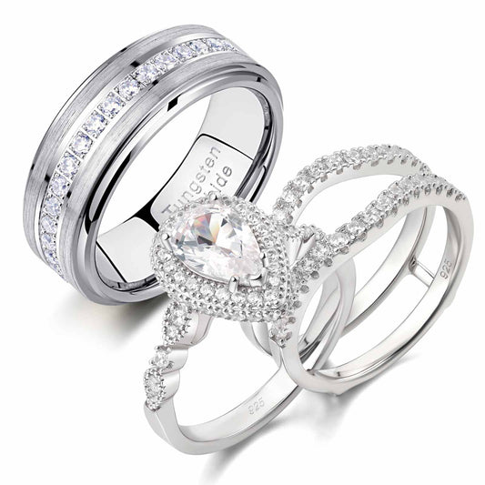 Newshe Jewellery Wedding Ring Sets for Him and Her AAAAA Cz Promise Rings for Couples Women Mens Band Pear Shape Size 7-13