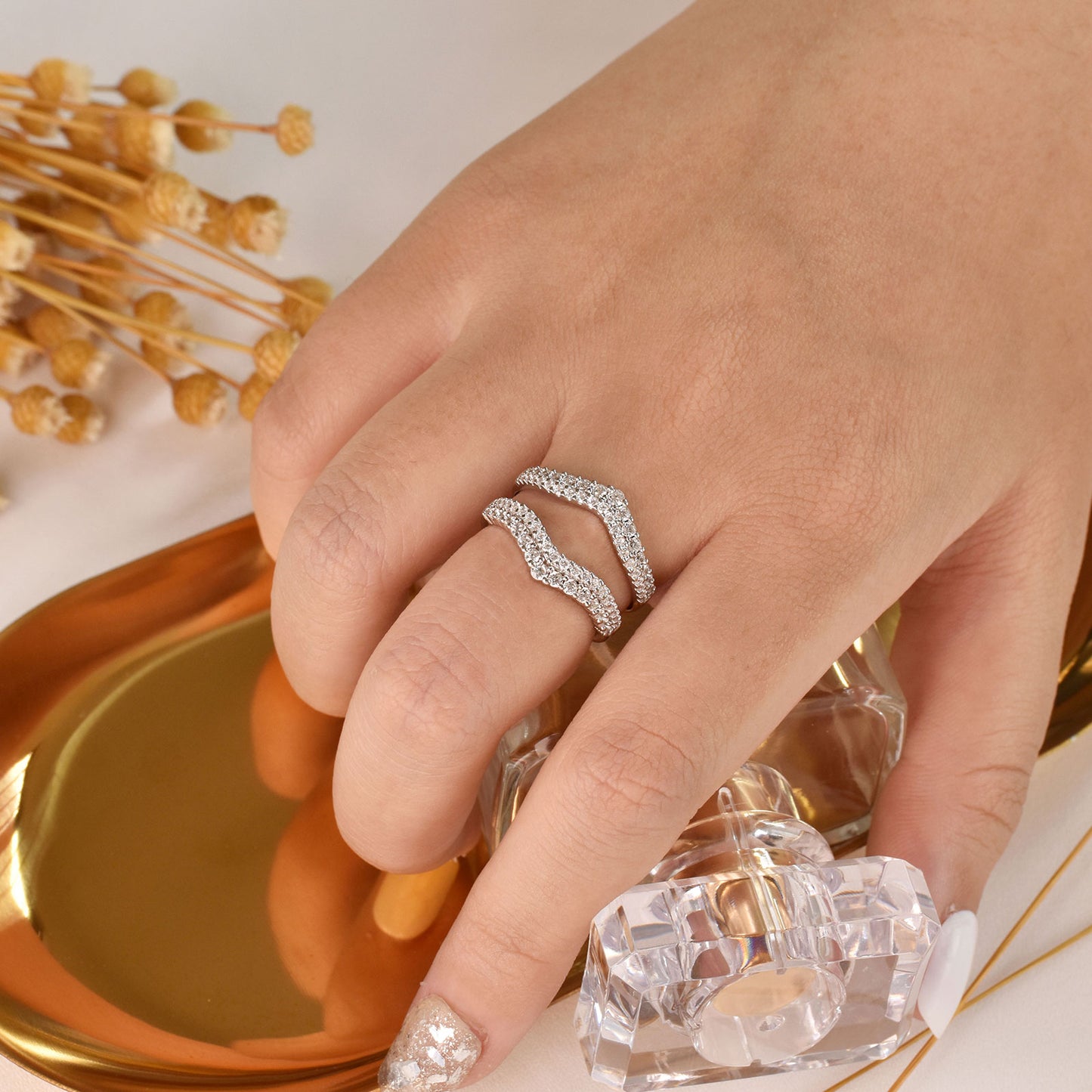 Newshe Curved Bridal Ring Enhancer Guard for Women Engagement Rings White Gold 5A 925 Sterling Silver Size 6-10