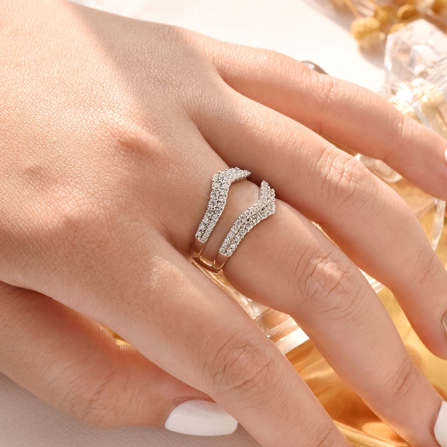 Newshe Curved Bridal Ring Enhancer Guard for Women Engagement Rings White Gold 5A 925 Sterling Silver Size 6-10