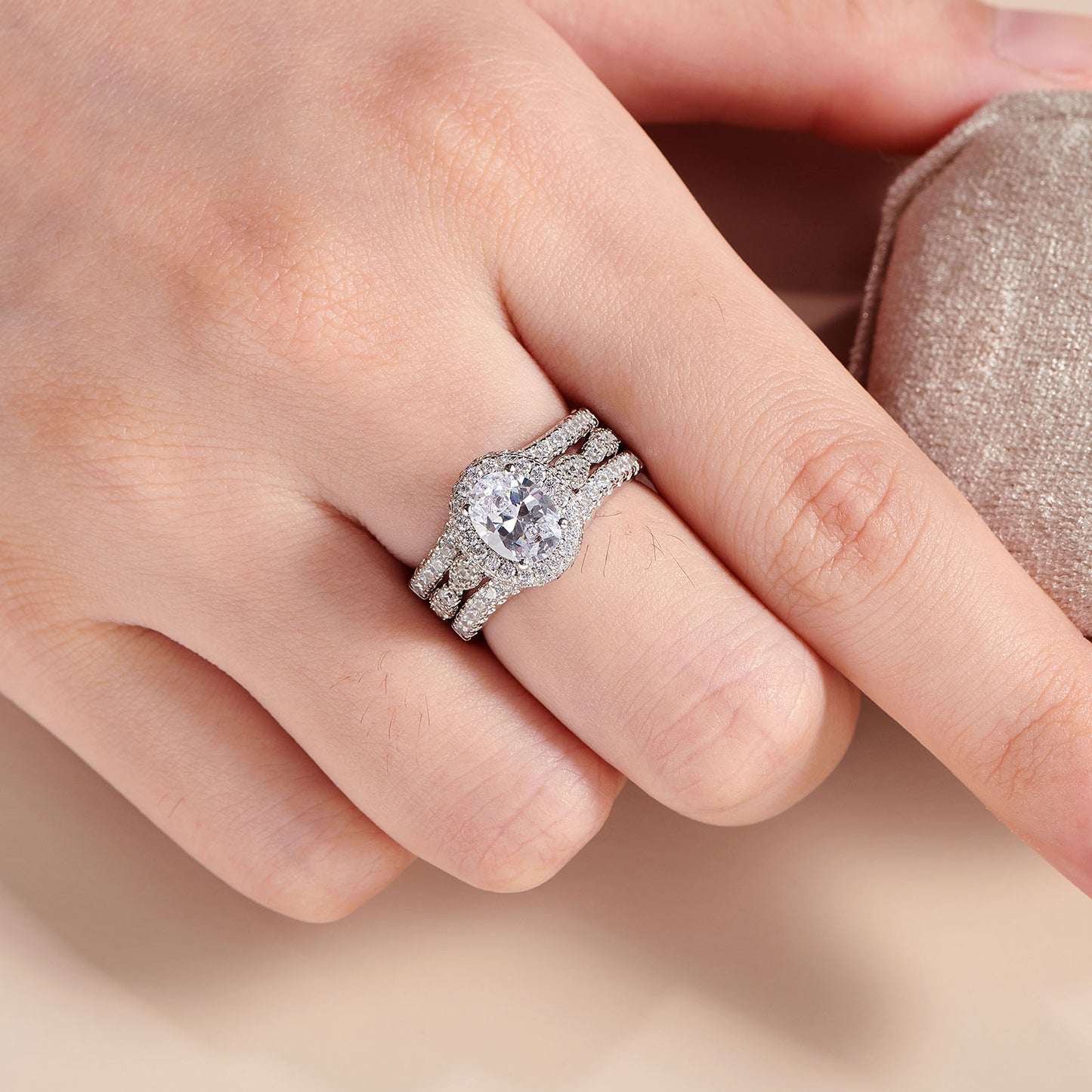 Newshe Oval Wedding Set Engagement Rings for Women AAAAA Cubic Zirconia 925 Sterling Silver Ring Enhancer Bridal Set Size 5-10
