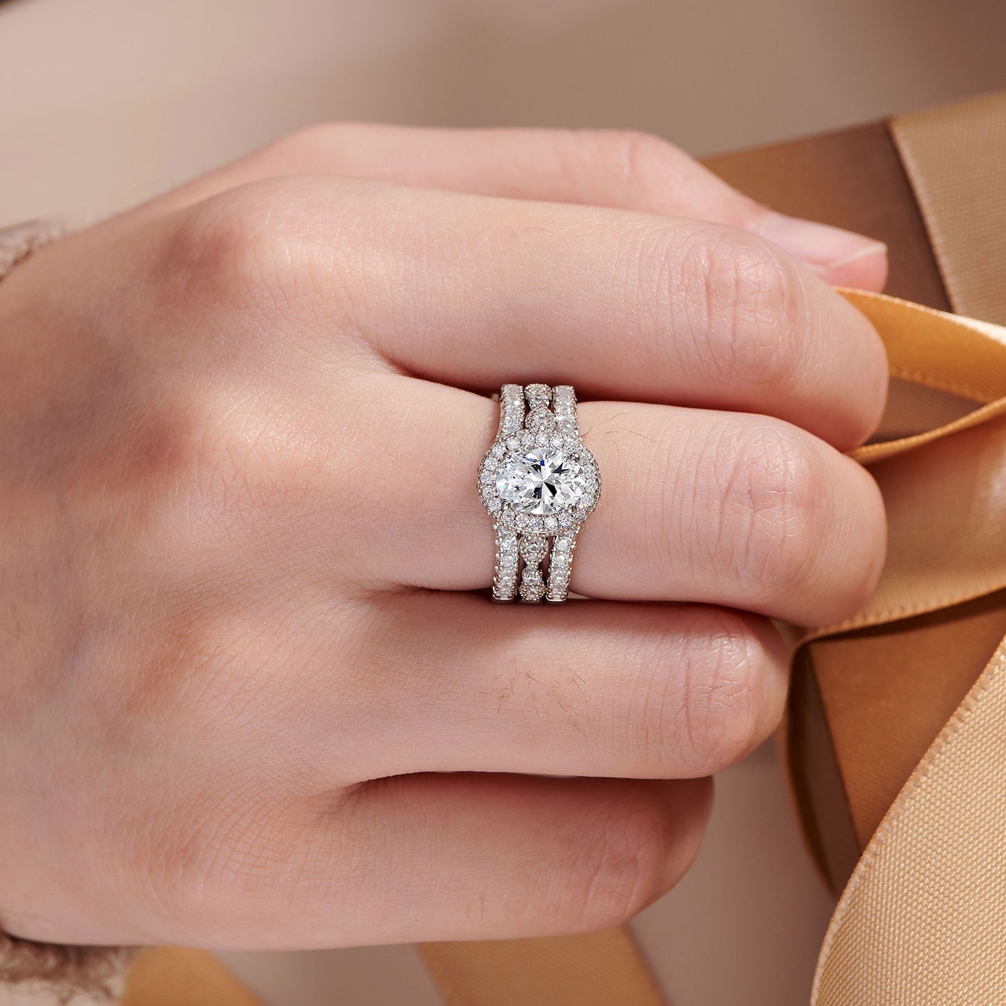 Newshe Oval Wedding Set Engagement Rings for Women AAAAA Cubic Zirconia 925 Sterling Silver Ring Enhancer Bridal Set Size 5-10