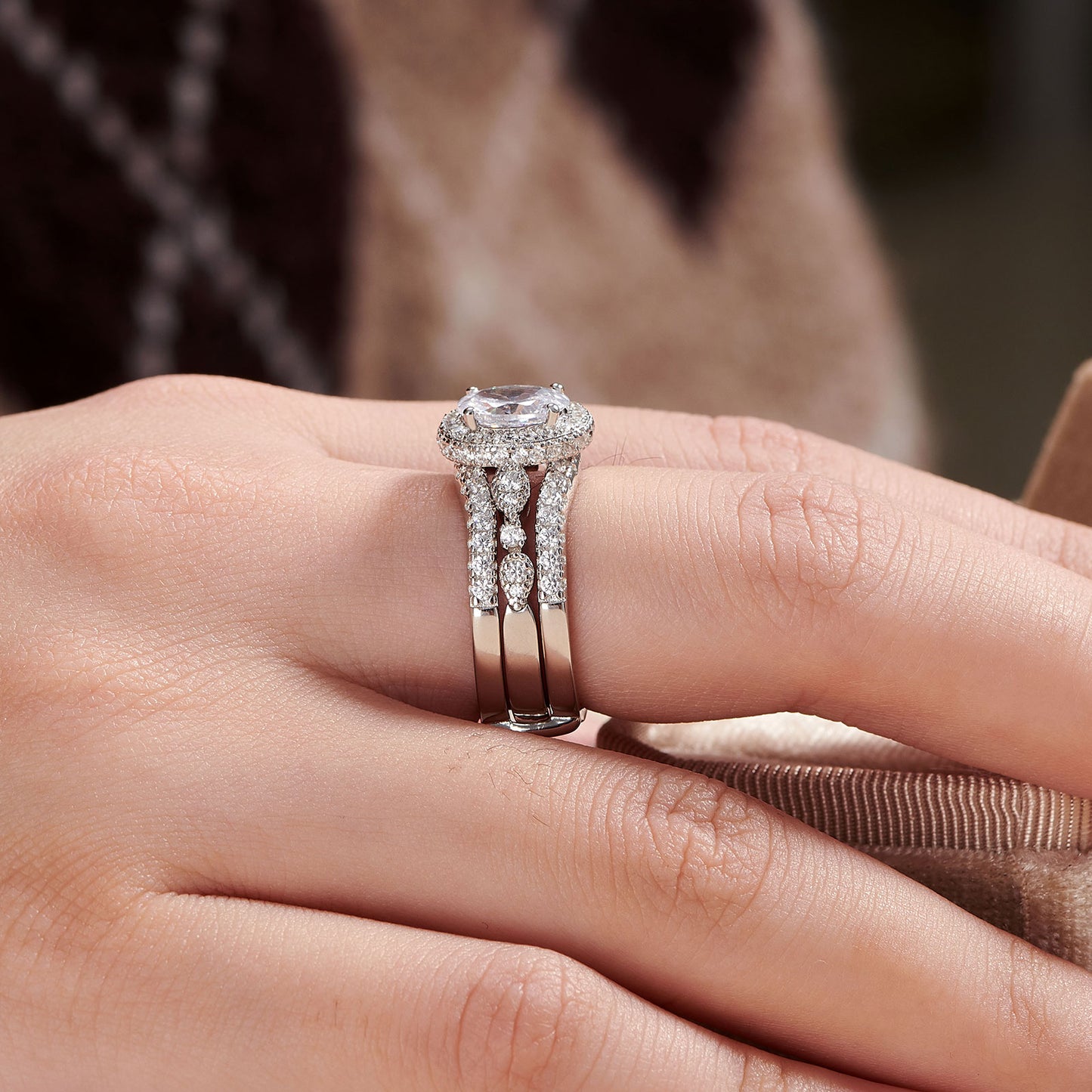 Newshe Oval Wedding Set Engagement Rings for Women AAAAA Cubic Zirconia 925 Sterling Silver Ring Enhancer Bridal Set Size 5-10