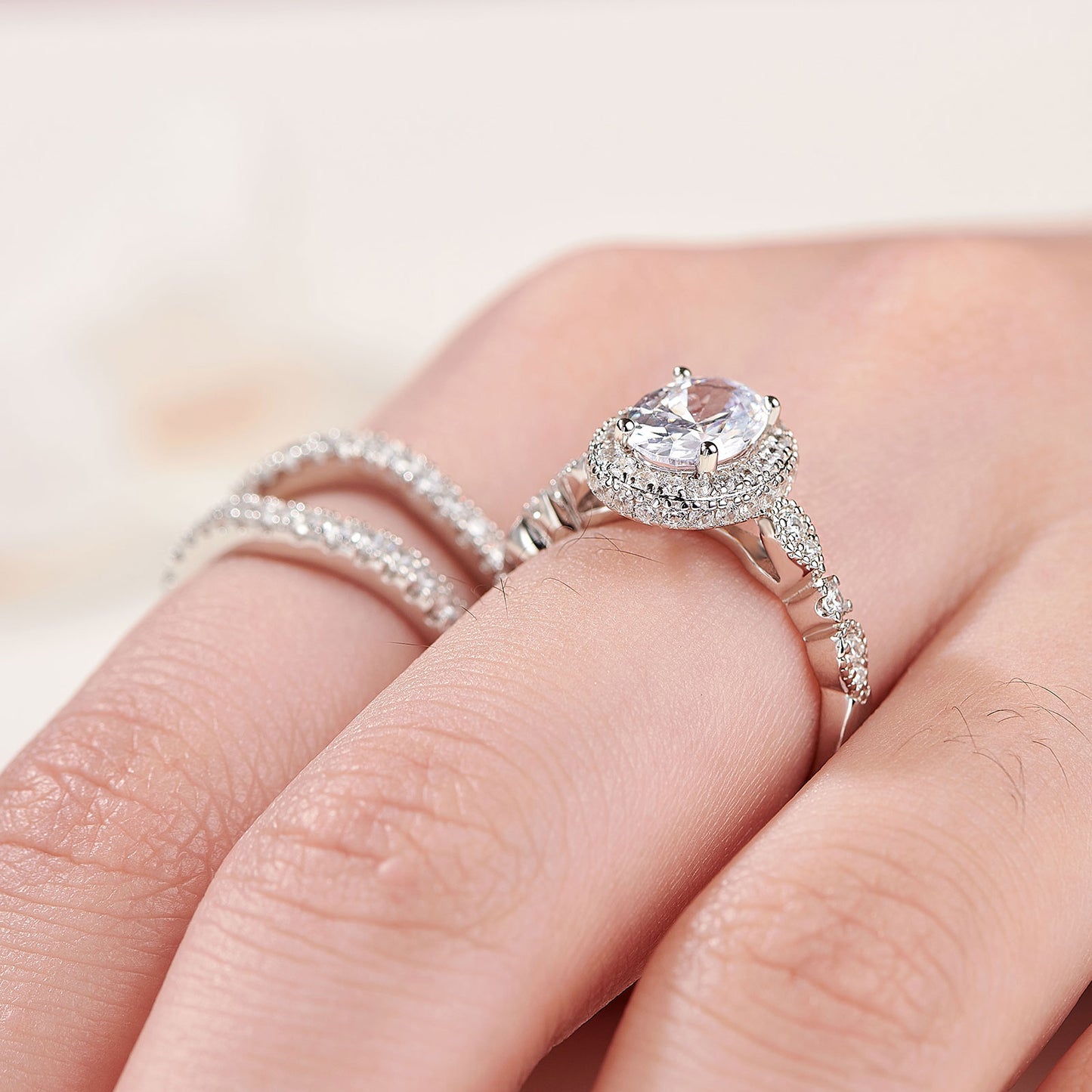 Newshe Oval Wedding Set Engagement Rings for Women AAAAA Cubic Zirconia 925 Sterling Silver Ring Enhancer Bridal Set Size 5-10