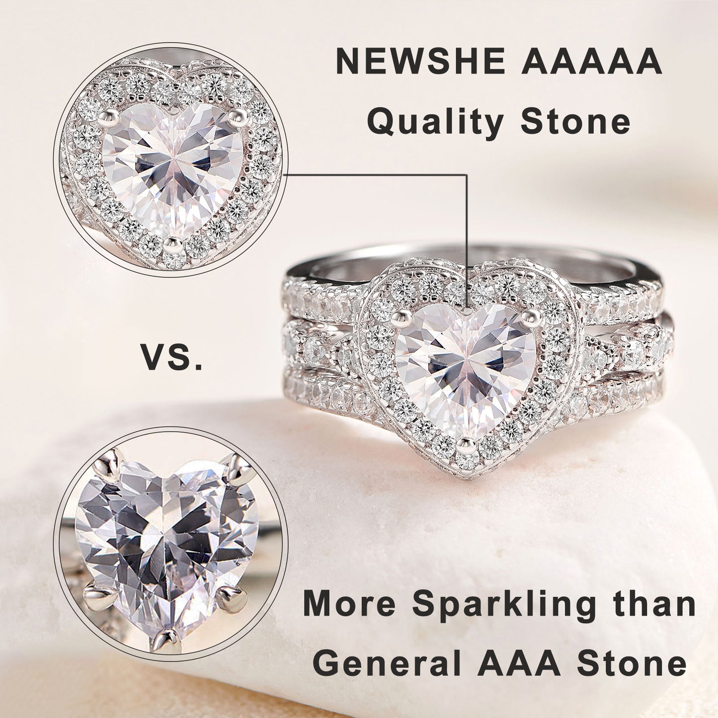 Newshe Genuine 925 Sterling Silver Heart Rings for Women AAAAA Cubic Zircon Wedding Engagement Bridal Set Jewelry Size 5-10