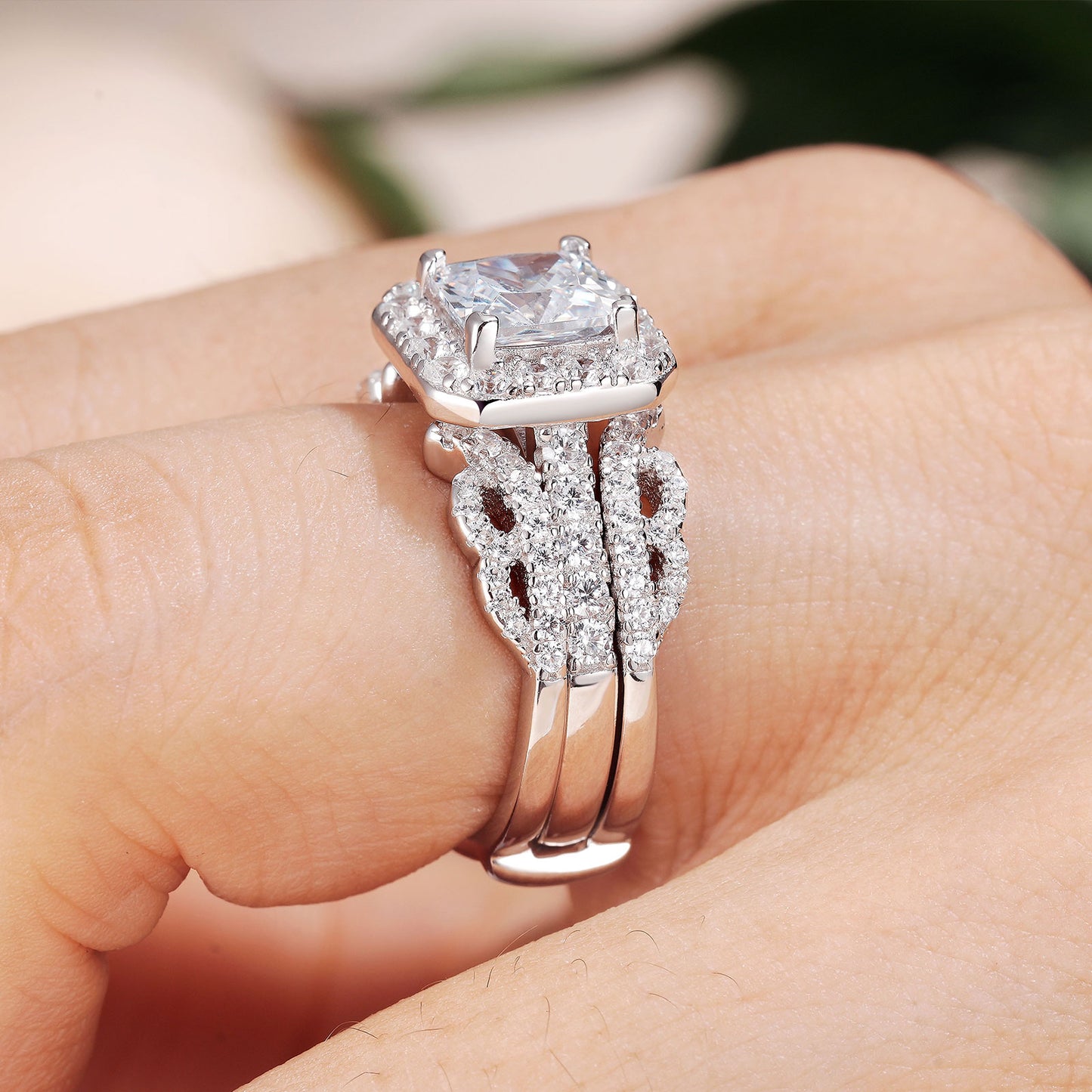 Newshe Jewellery 3CT Wedding Ring Set for Women Wedding Sets Ring Enhancer for Engagement Rings Princess Cut 925 Sterling Silver AAAAA Cz Size 5-10