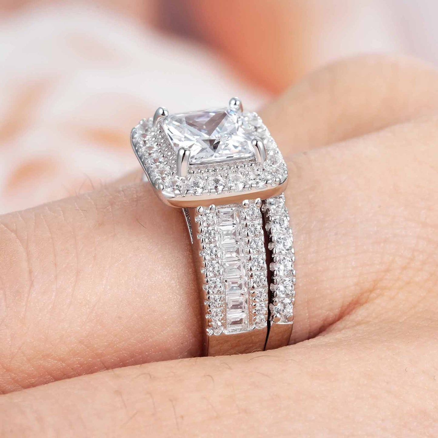 Newshe Jewellery 3.5CT Bridal Ring Sets Princess Cut 925 Sterling Silver AAAAA CZ Engagement Rings Promise Rings for Her Wedding Bands for Women Size 5-10